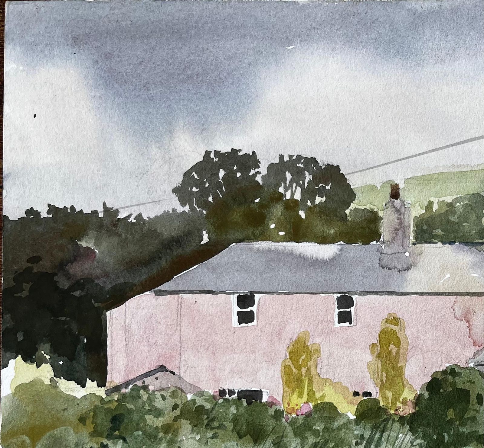 Anthony Herbert Bude Cornwall Pink House Landscape With Trees And Garden Watercolour 1978 photo for sale