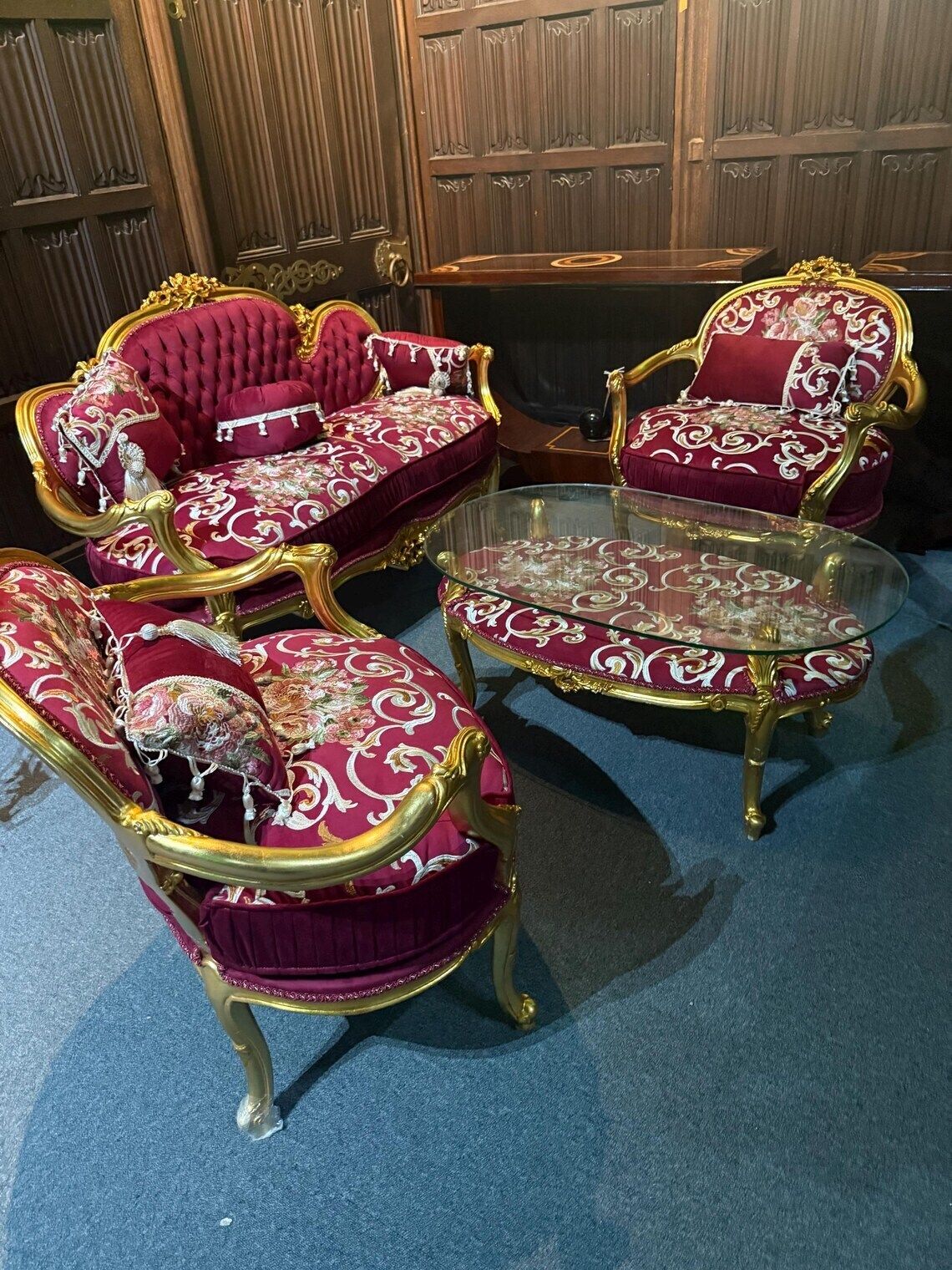 French Provincial 4 Piece Salon Set – Sofa Two Armchairs And Glass Coffee Table photo furniture