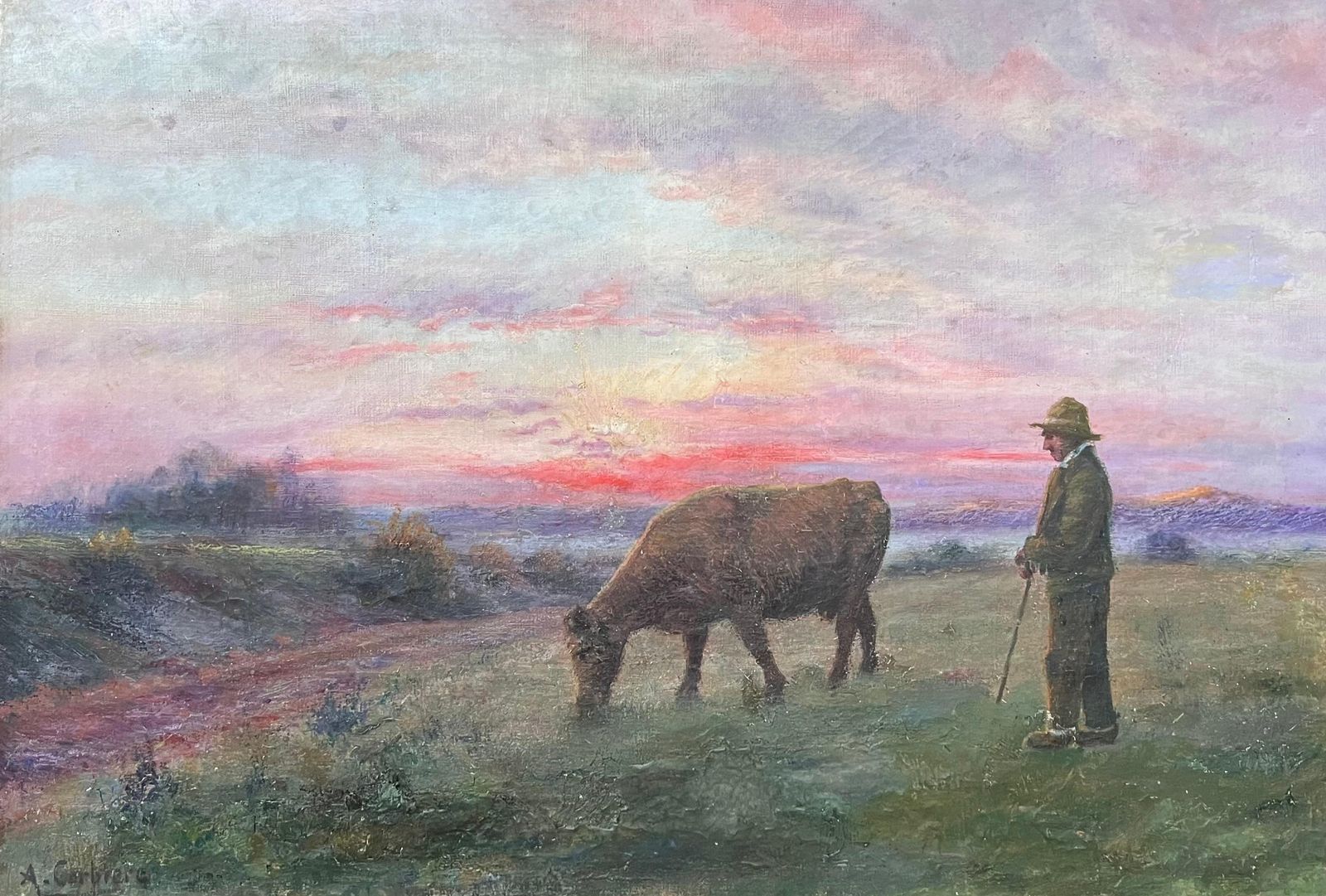 French School Antique French Romantic Signed Oil Painting Farmer & Cow Sunset Field Landscape