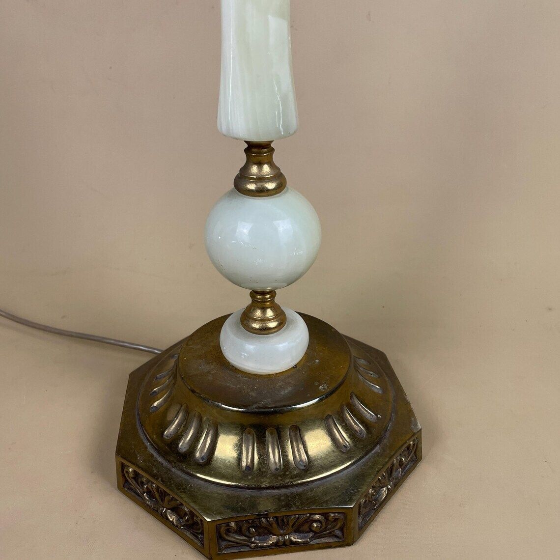 Antique Vintage Marble Stone Lamp Green Light Table Bedside Desk Lamp Colours Natural Patterns Ornate Octagon Base Onyx Brass Metal Gold photo 130.0
