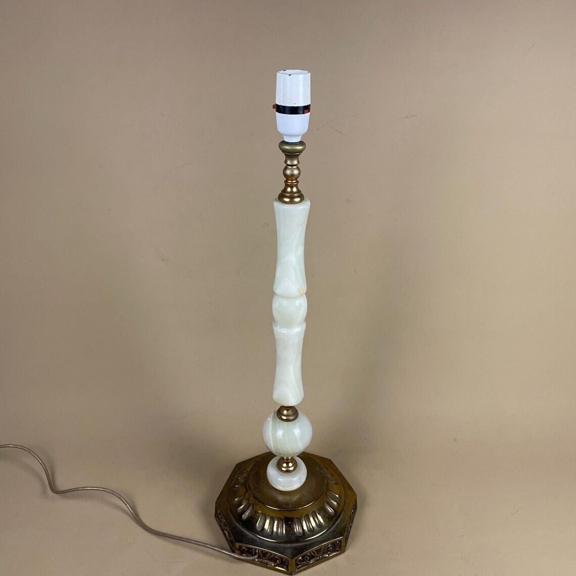 Antique Vintage Marble Stone Lamp Green Light Table Bedside Desk Lamp Colours Natural Patterns Ornate Octagon Base Onyx Brass Metal Gold photo buy