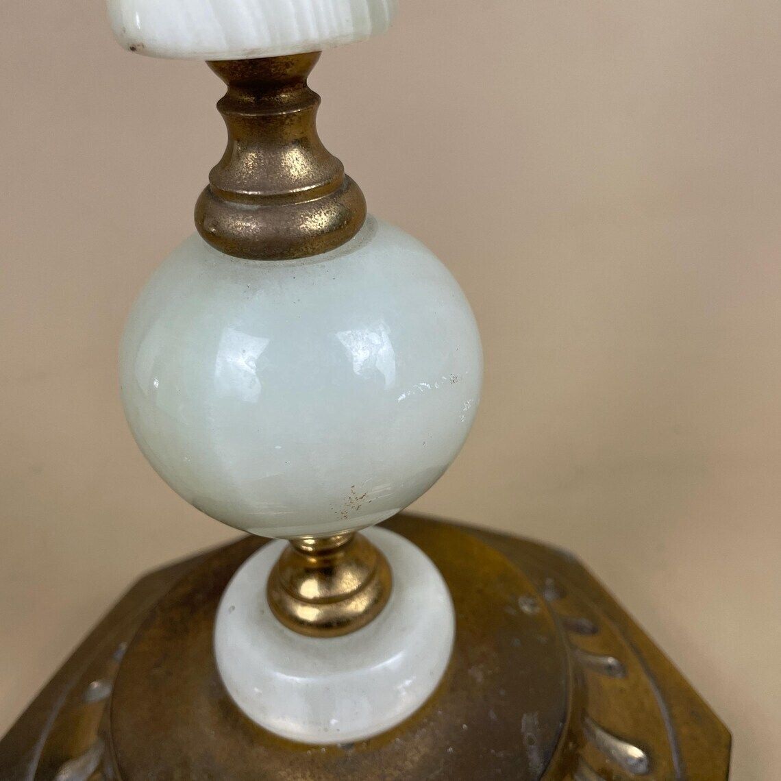 Antique Vintage Marble Stone Lamp Green Light Table Bedside Desk Lamp Colours Natural Patterns Ornate Octagon Base Onyx Brass Metal Gold photo vintage