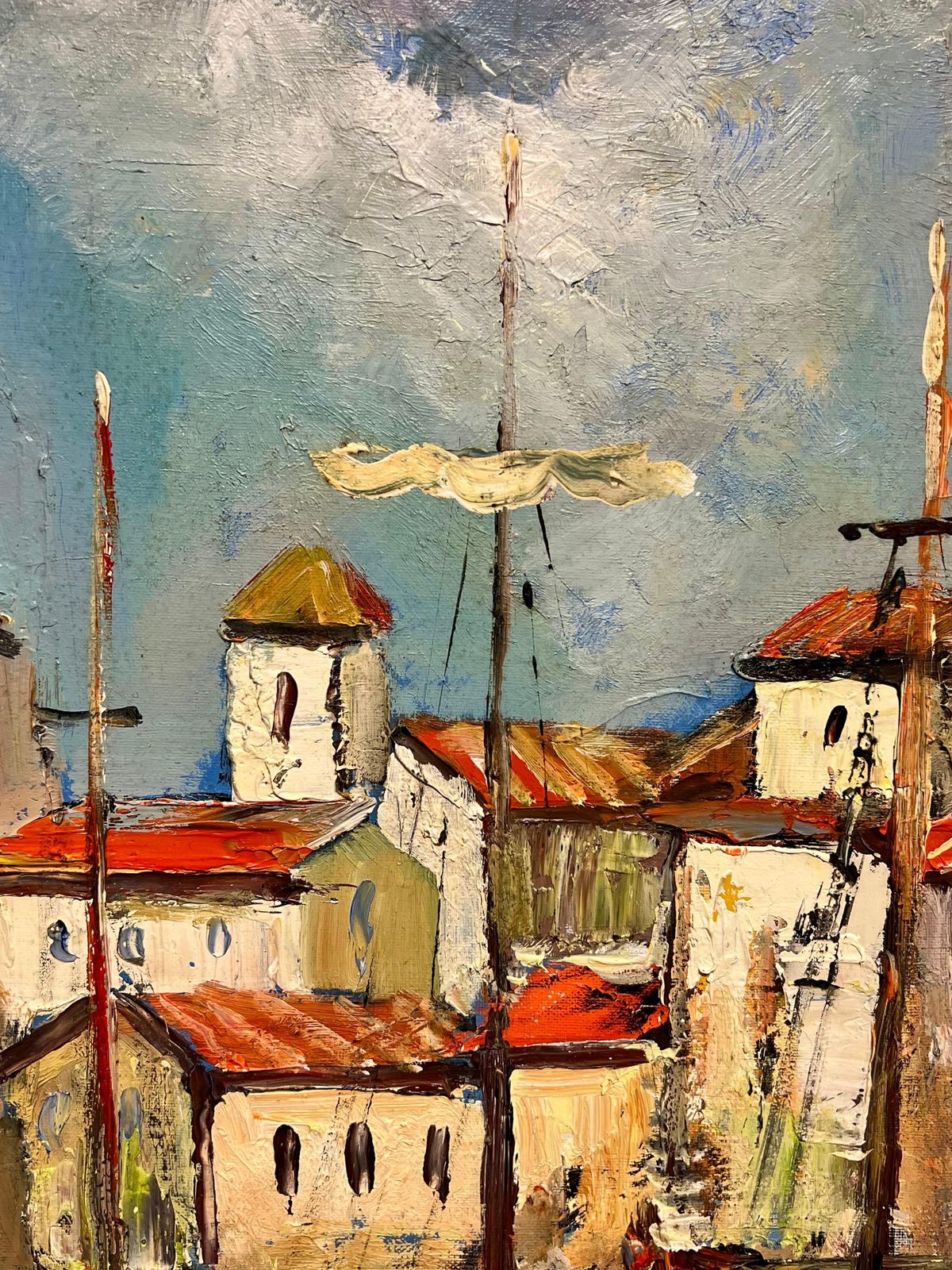 French School 1970's French Mediterranean Harbor Scene Vibrant Coastal Village Boats Figures photo Art