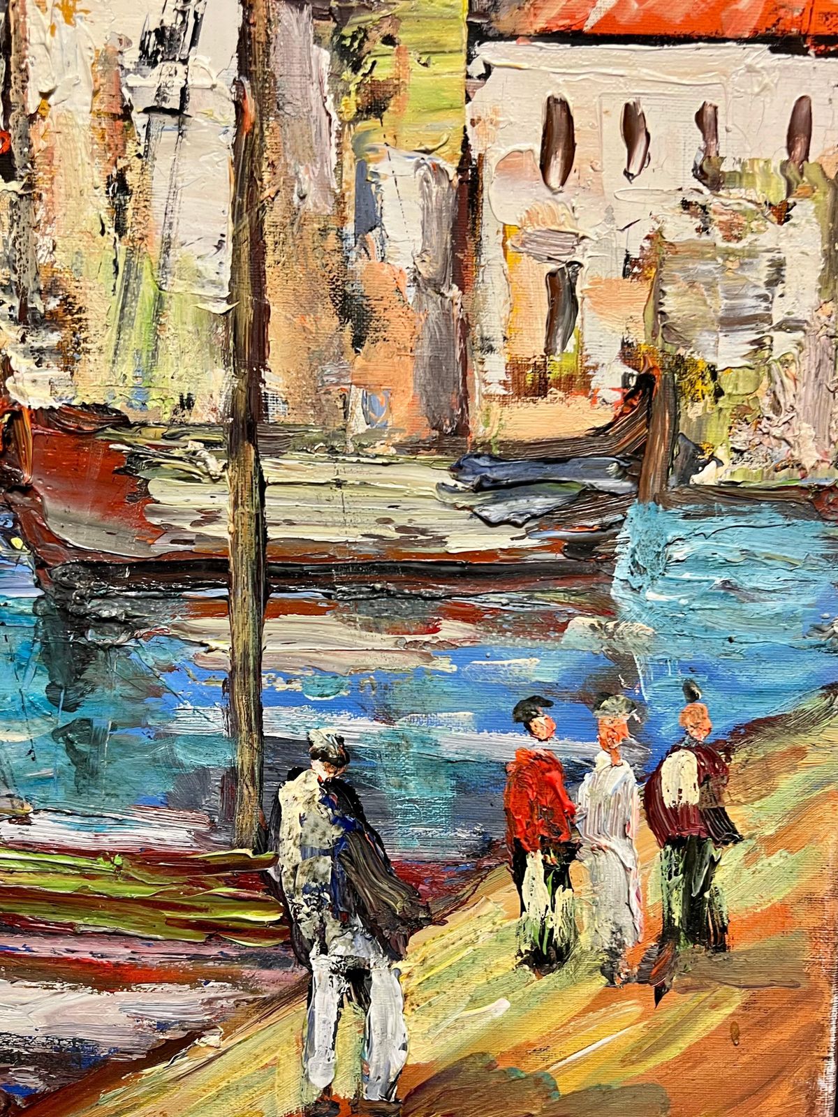 French School 1970's French Mediterranean Harbor Scene Vibrant Coastal Village Boats Figures photo 795.0