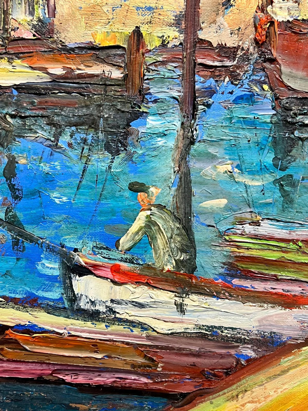 French School 1970's French Mediterranean Harbor Scene Vibrant Coastal Village Boats Figures photo vintage