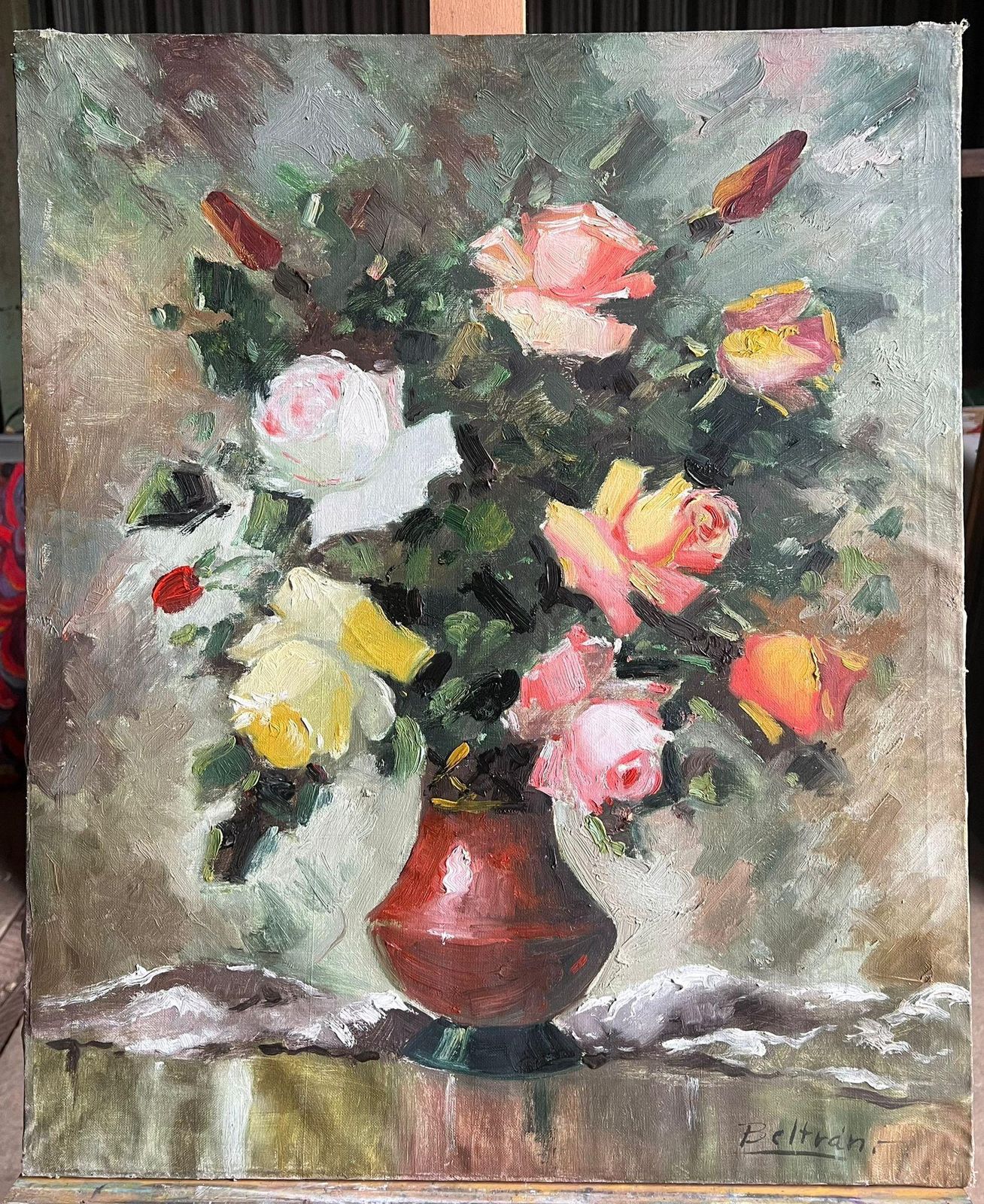 French School Mid 20th Century French Vintage Floral Still Life With Roses In A Red Vase photo furniture