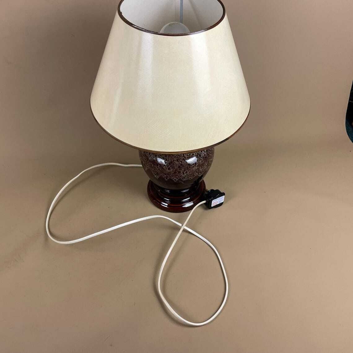 photo buy Ceramic Table Lamp Light Brown Mottled Speckled Round Glaze Finish C.1970's Porcelain Bedside Abstract Antique Vintage Marbled Lampshade