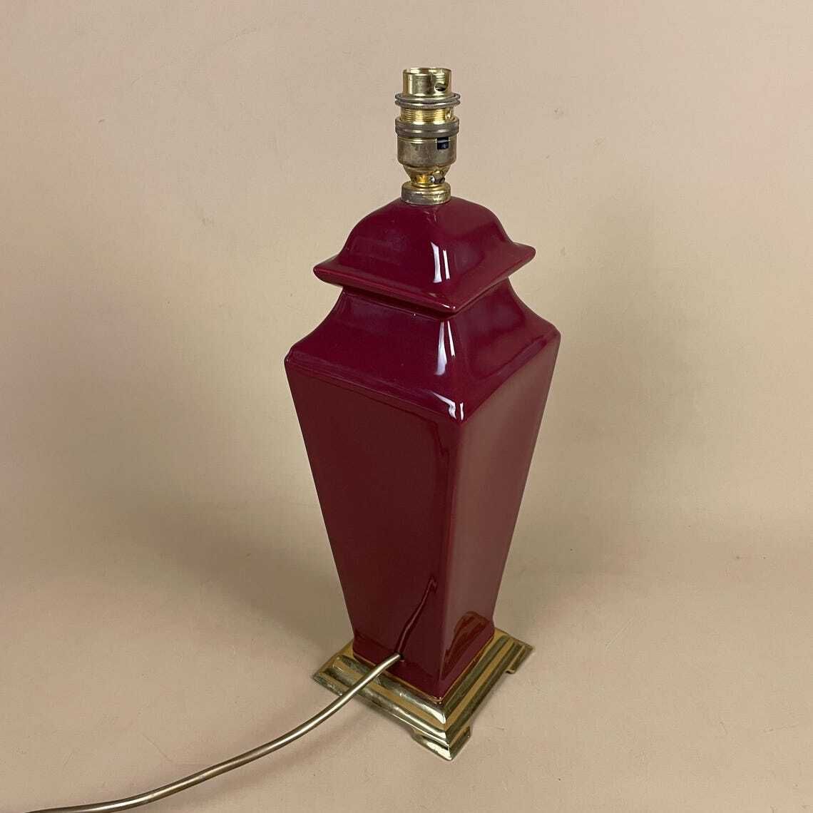 Ceramic Lamp Light Bedside Table Glazed Dark Burgundy Red Antique Gold Brass Metal Base Vase Vintage Elegant Classic photo vinterior