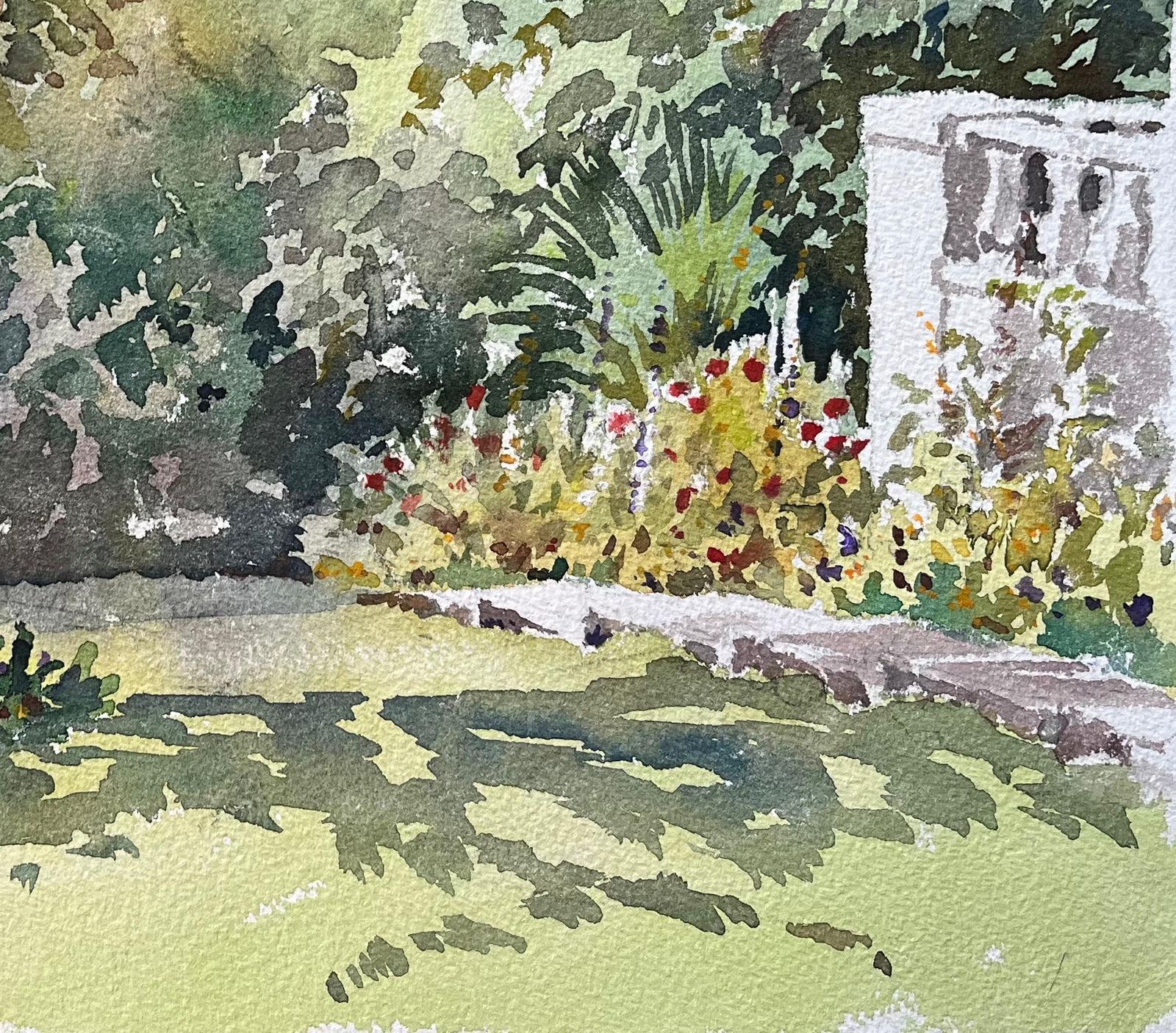Anthony Avery British Impressionist Watercolor Of A Sunlit Garden With Tree And Flowers photo for sale
