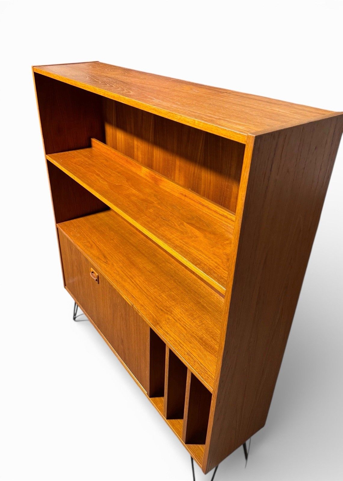 Danish Poul Hundvead Teak Bookcase Record Cabinet Hair Pin Legs Retro C1970s photo for sale