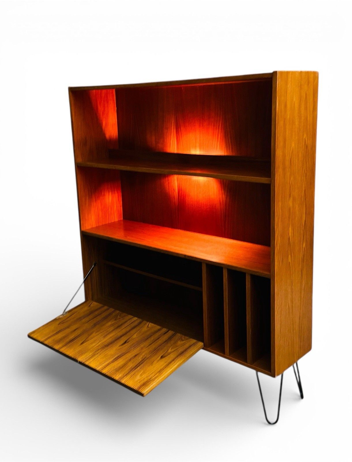 Furniture Danish Poul Hundvead Teak Bookcase Record Cabinet Hair Pin Legs Retro C1970s photo