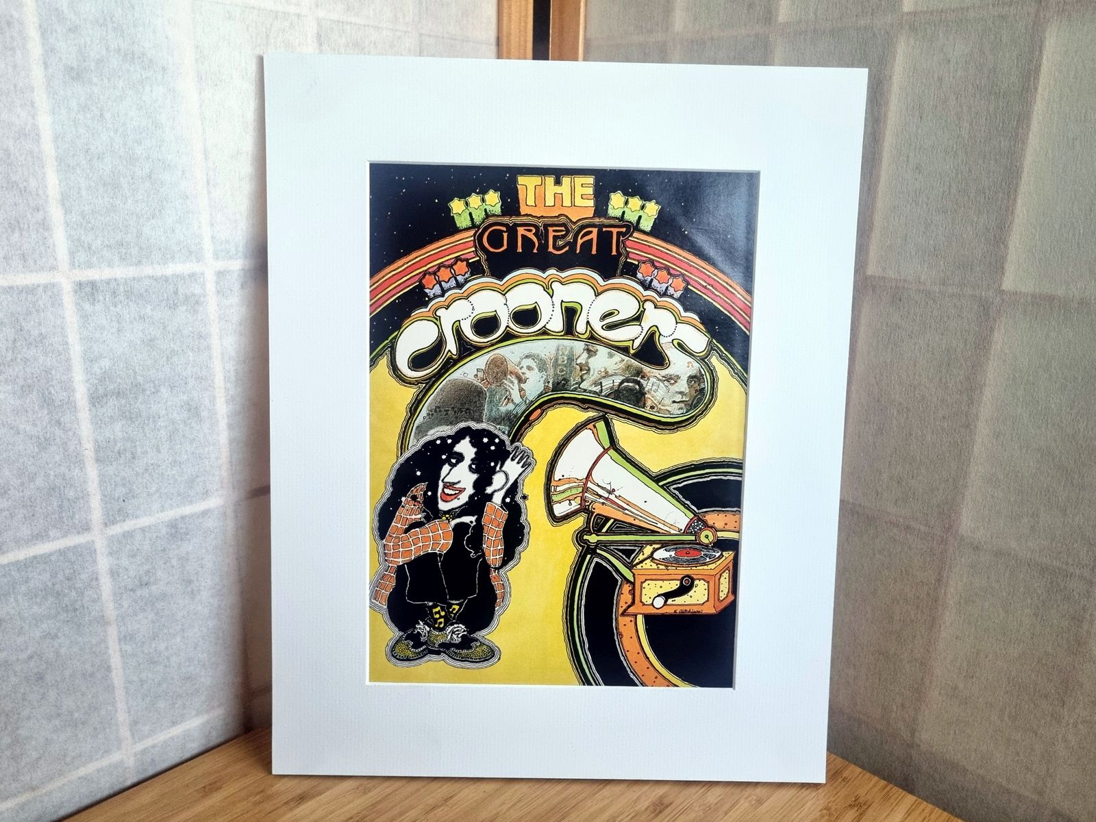 Vintage Magazine Illustration Art Print, Ed Aitchison The Great Crooner Artwork, Psychedelic Music Scene Mounted