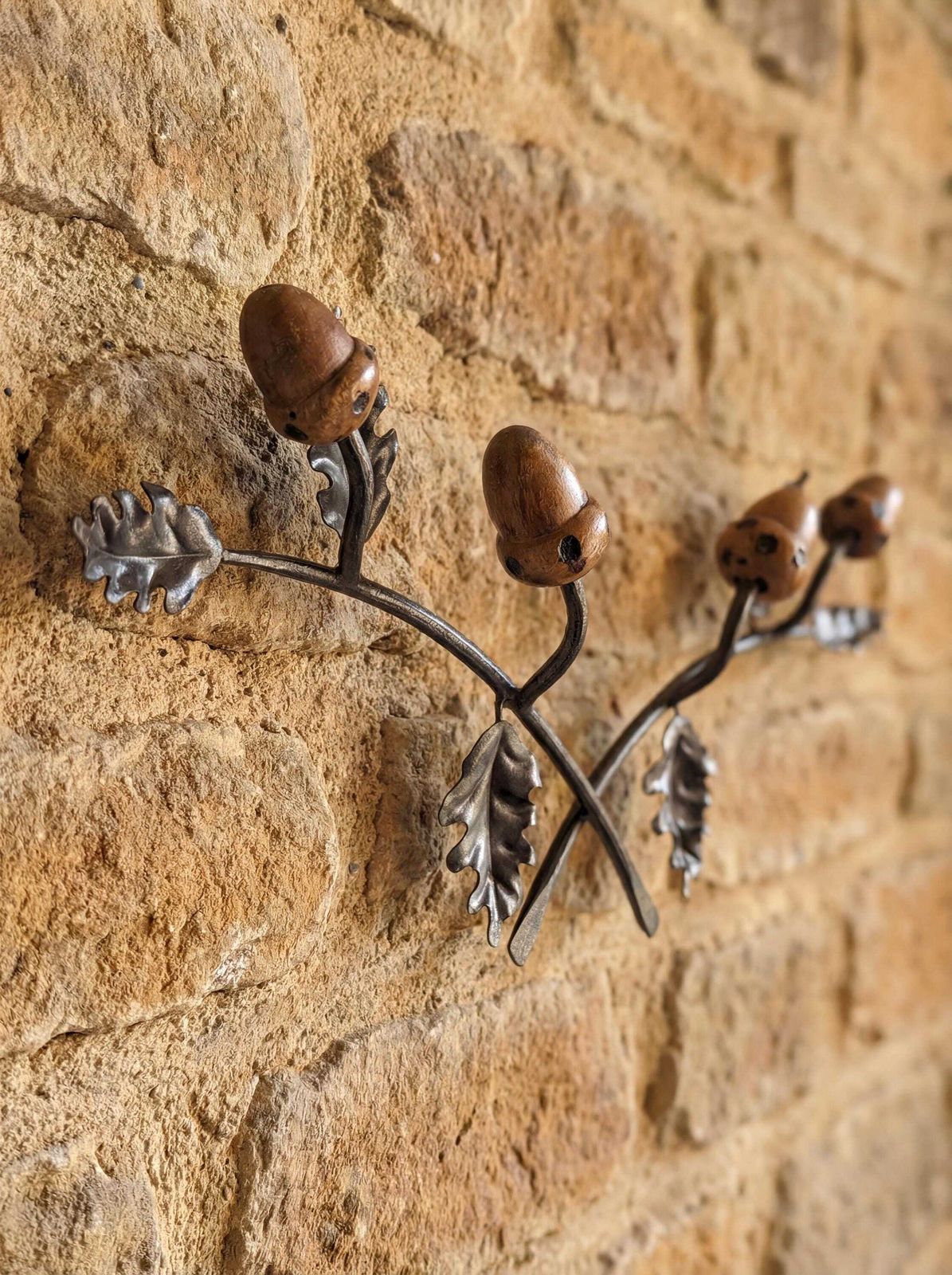Signed Wrought Iron And Wood Acorns Coat Rack, 1960s photo for sale
