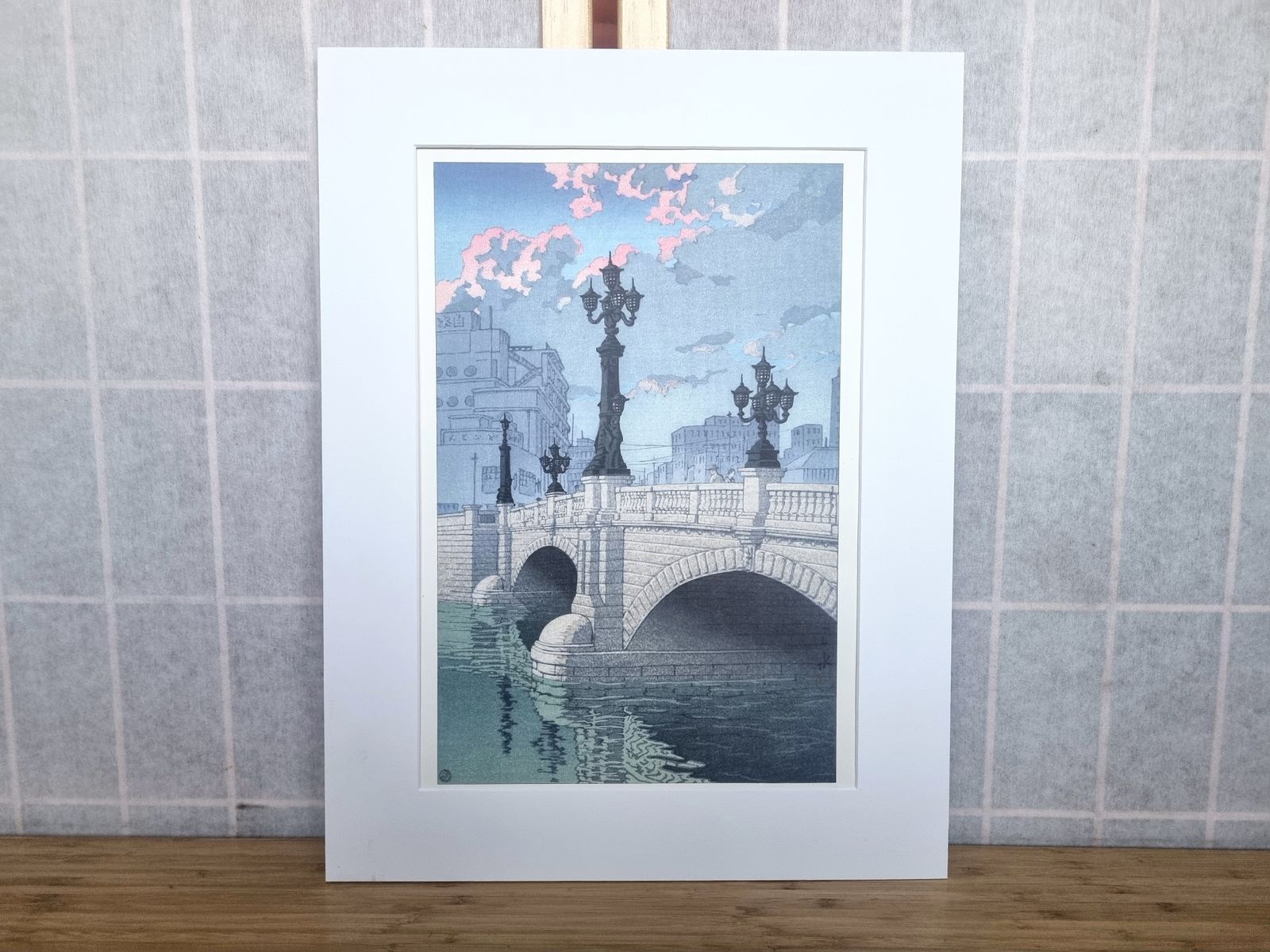Vintage Japanese Woodblock Print, Dawn At The Nihon Bridge, Kawase Hasui Nihonbashi Yoake, Mounted Showa Era Wall Art photo buy