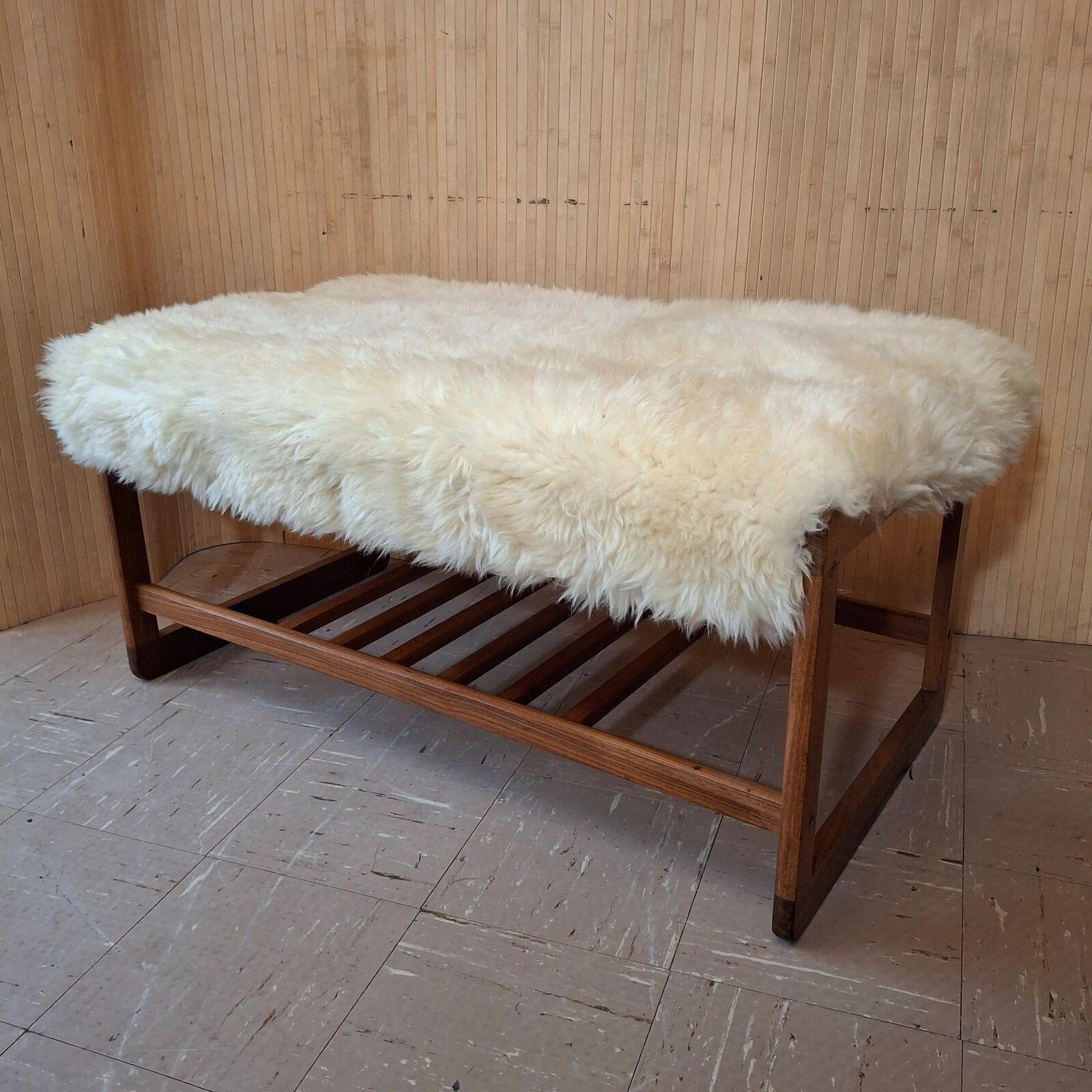 Fab Vintage Retro Bench Seat Boot Room Hall Gym Shoe Rack Teak Cream Sheepskin