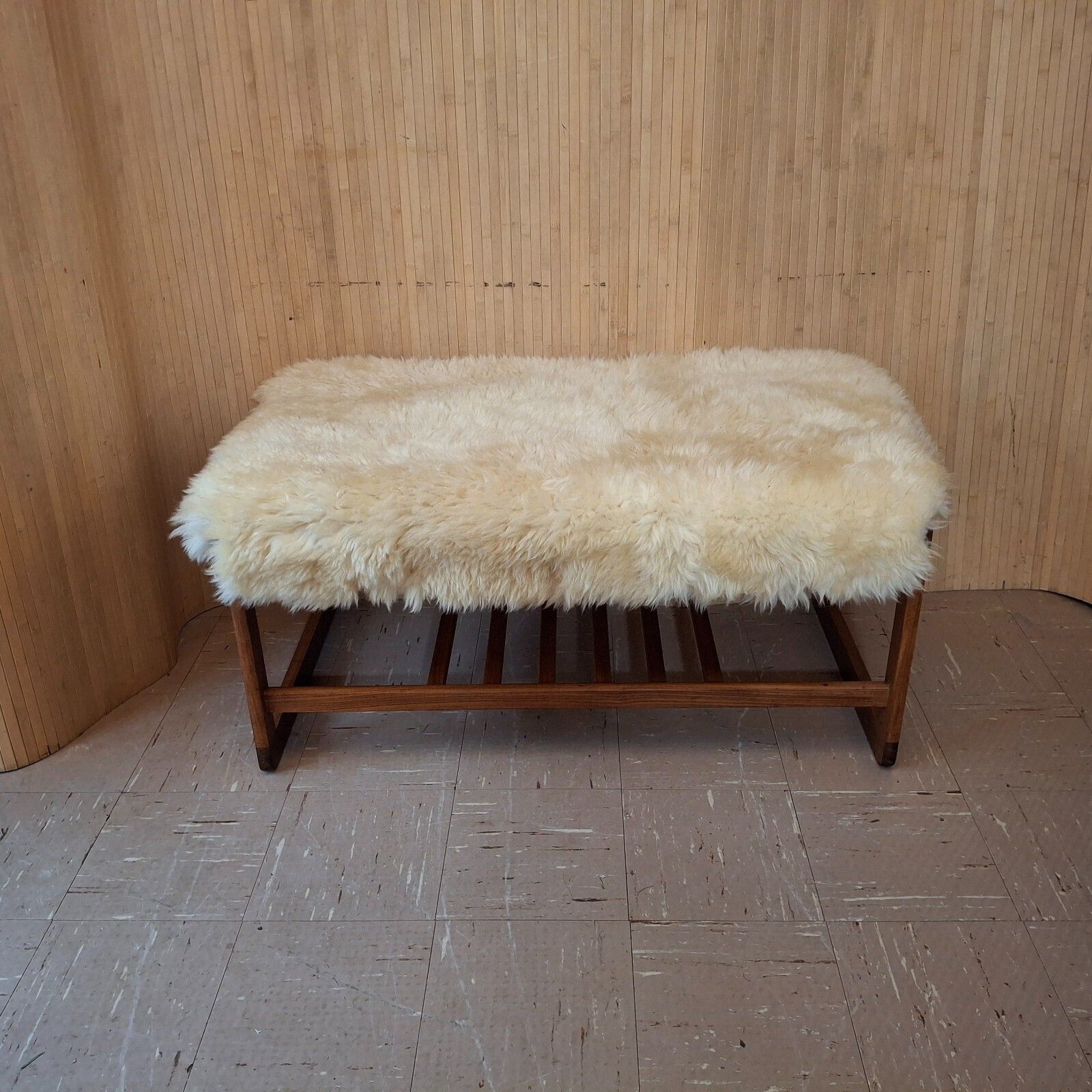 Fab Vintage Retro Bench Seat Boot Room Hall Gym Shoe Rack Teak Cream Sheepskin photo for sale