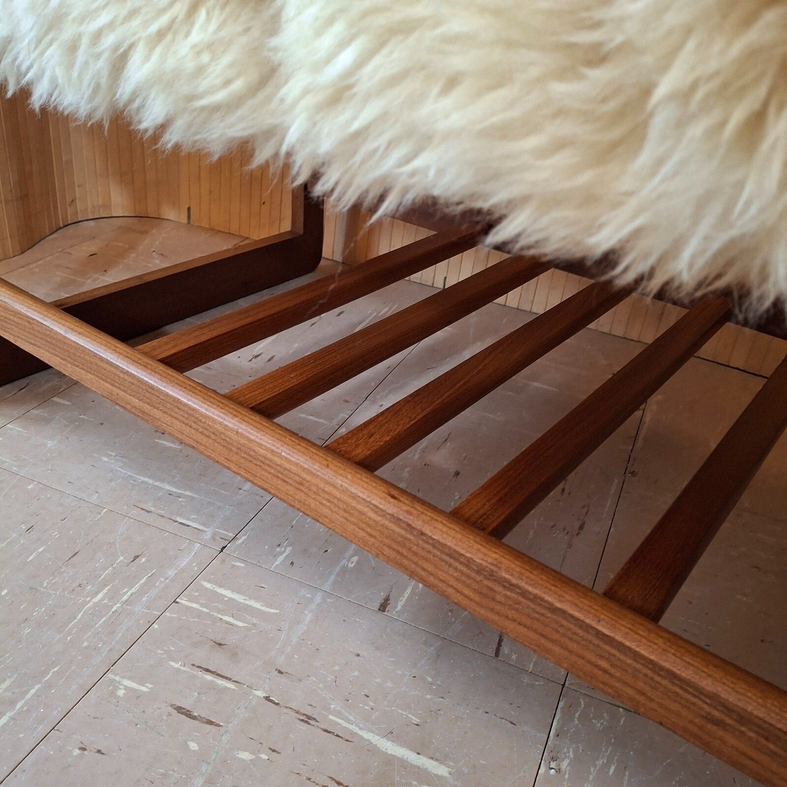 Fab Vintage Retro Bench Seat Boot Room Hall Gym Shoe Rack Teak Cream Sheepskin photo buy