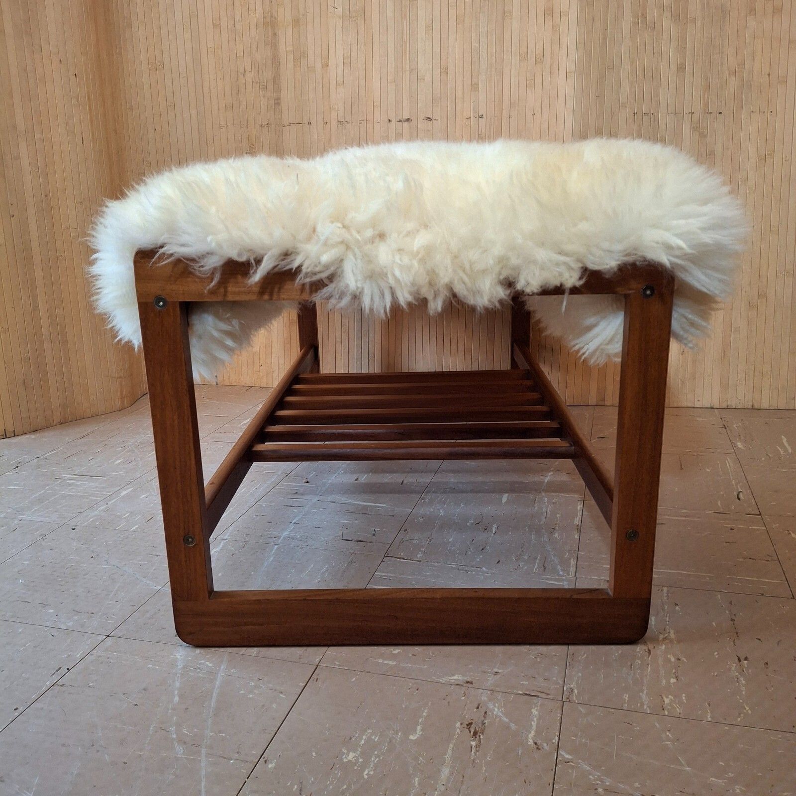 Furniture Fab Vintage Retro Bench Seat Boot Room Hall Gym Shoe Rack Teak Cream Sheepskin photo