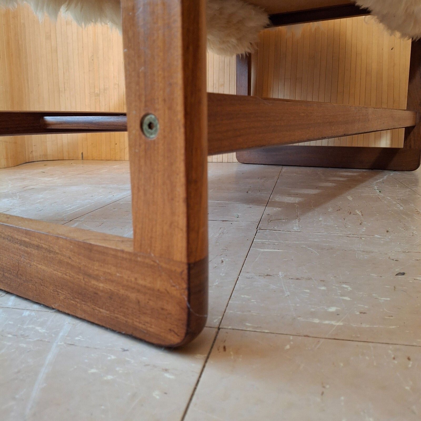 photo buy Fab Vintage Retro Bench Seat Boot Room Hall Gym Shoe Rack Teak Cream Sheepskin