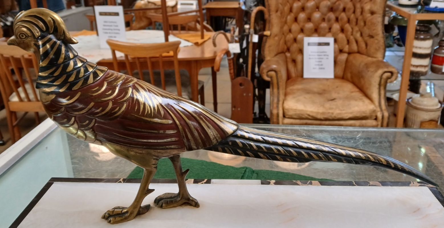 Art Deco Cold Painted Bronze Pheasant On Onyx & Marble Base Jean Baptiste Hughes photo for sale