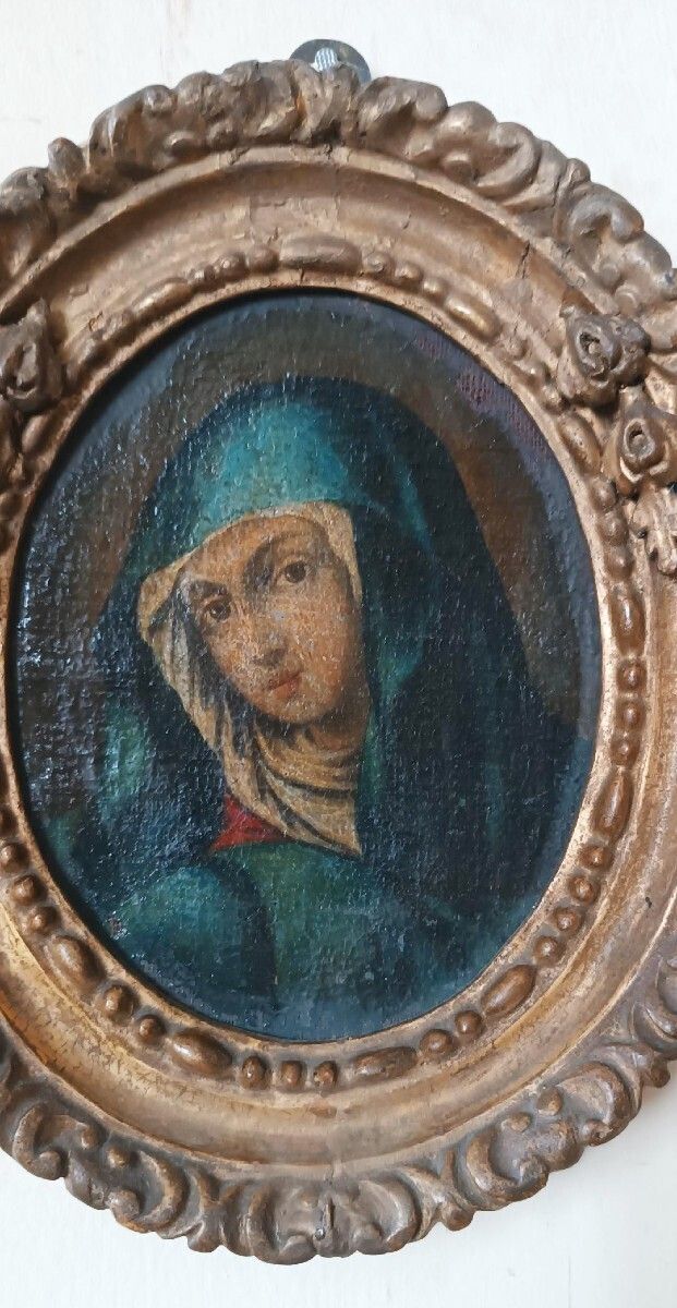 Antique Oval Painting, Antique Frame, Face Of The Virgin Mary photo for sale