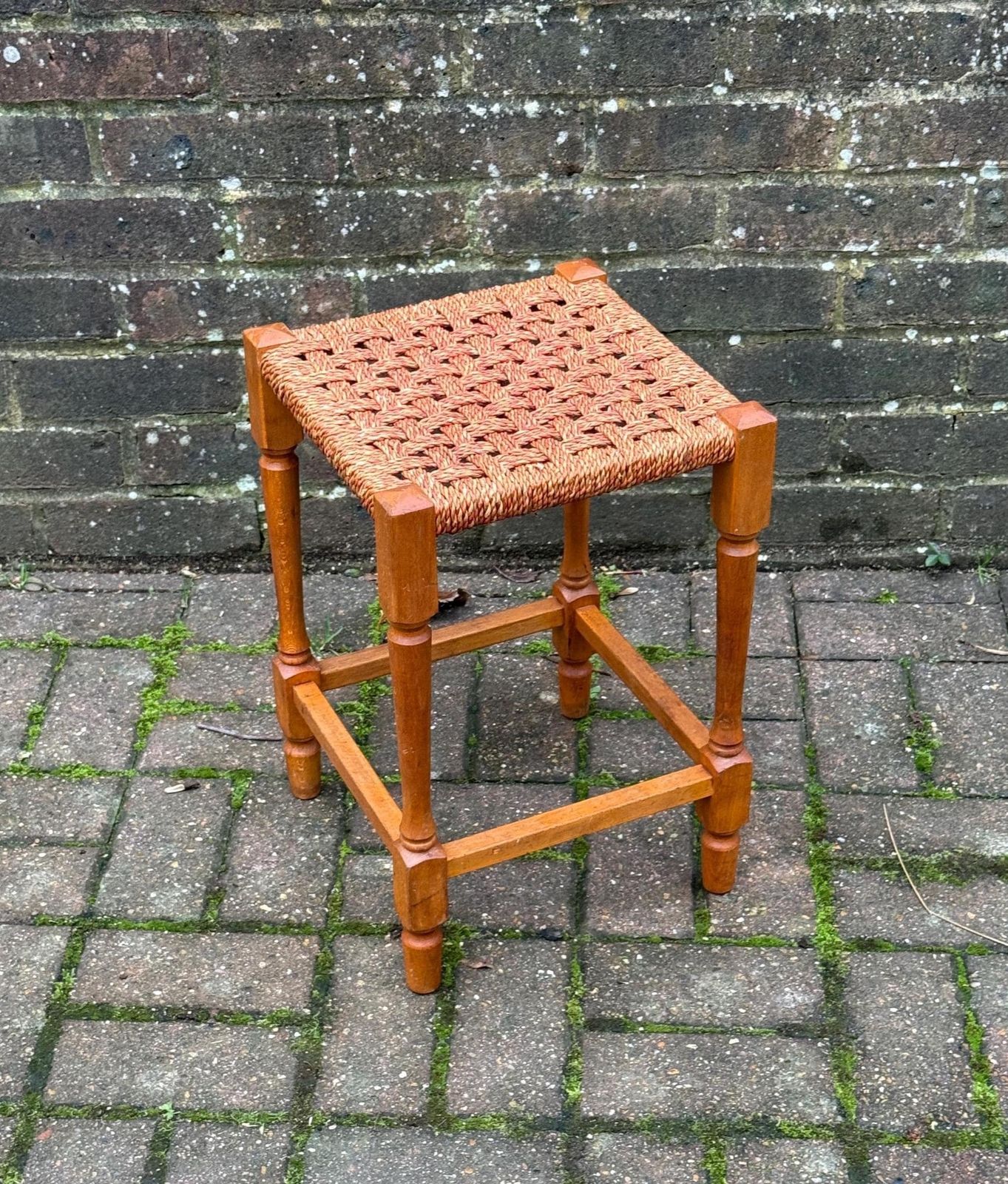 Vintage String Seat Stool 1970s 1980s Country Cottage Wooden Footstool