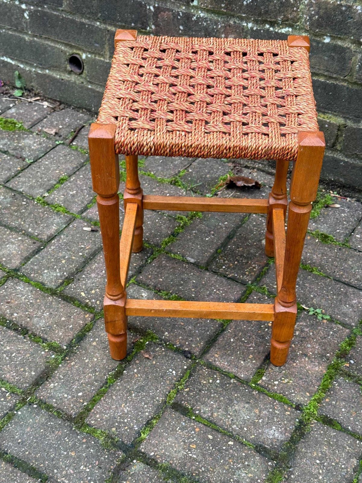 Vintage String Seat Stool 1970s 1980s Country Cottage Wooden Footstool photo Furniture