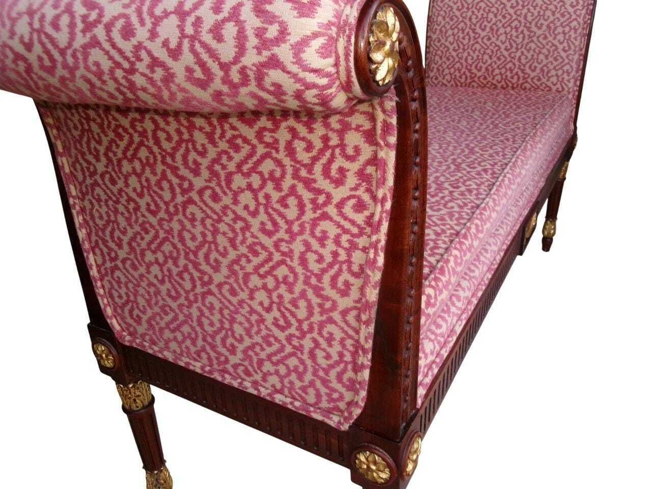 photo furniture Antique Regency Revival Window Seat, Carved Mahogany Unholstered Double Bench Duet Chair, Vintage Neoclassical Furniture