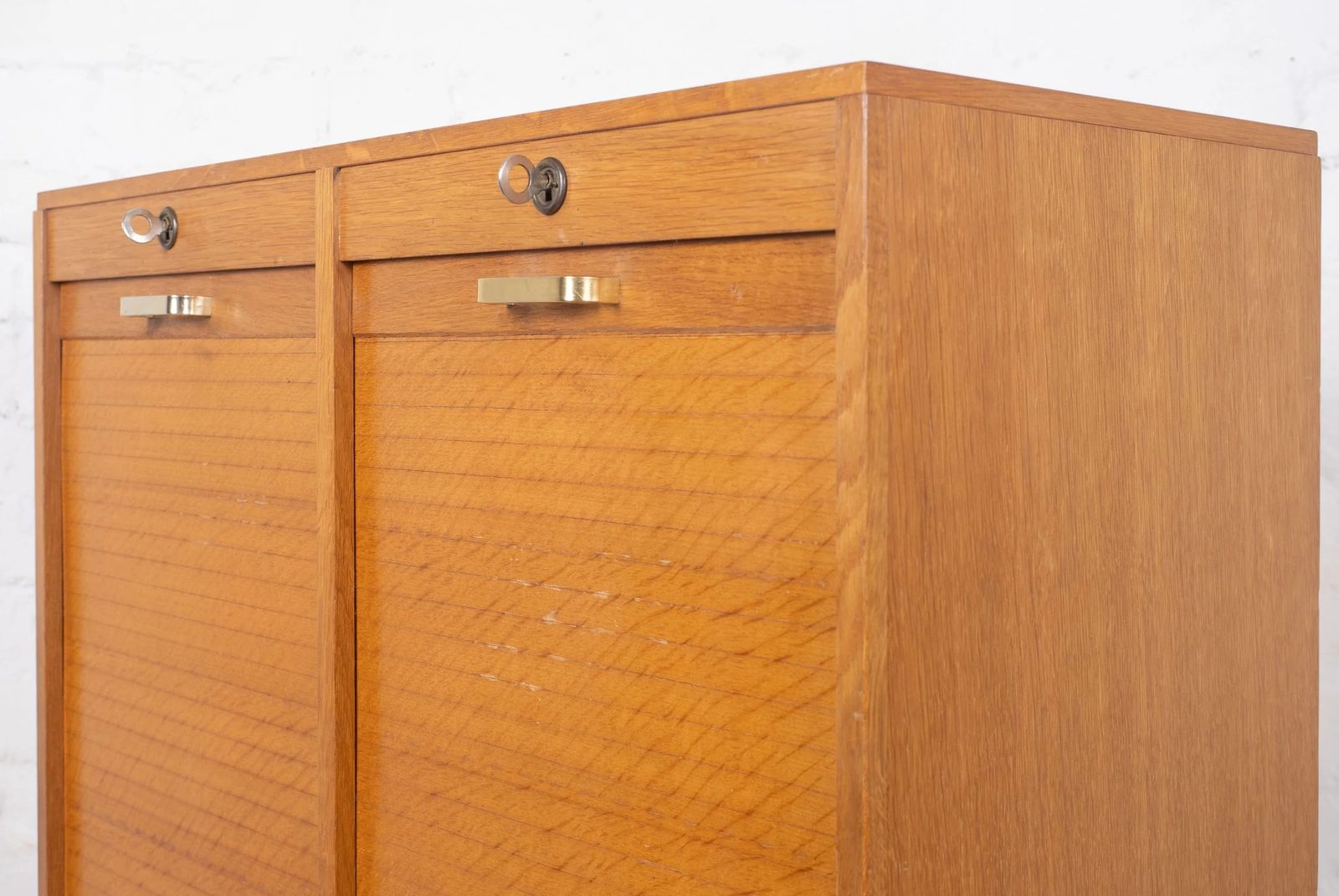 Mid Century French Oak Twin Door Tambour Cabinet photo vinterior