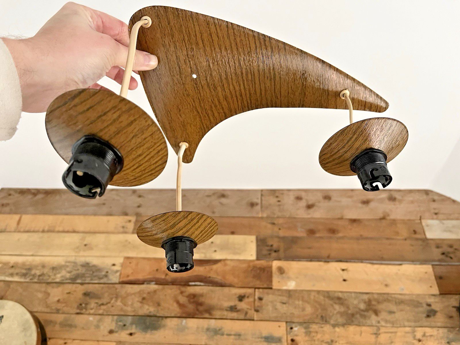 Mid Century Modern 60's Scandi Danish Faux Teak Wood Boomerang 3 Ceiling Light photo for sale