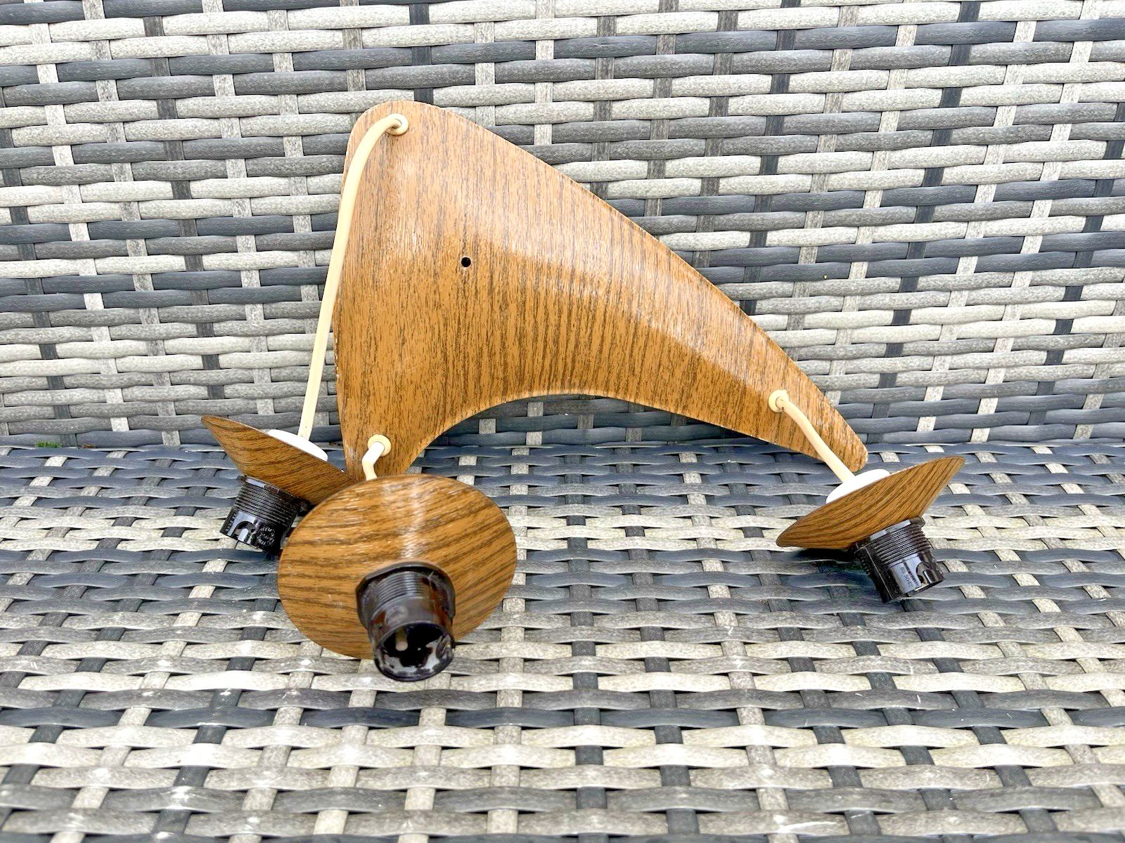Mid Century Modern 60's Scandi Danish Faux Teak Wood Boomerang 3 Ceiling Light photo 195.0