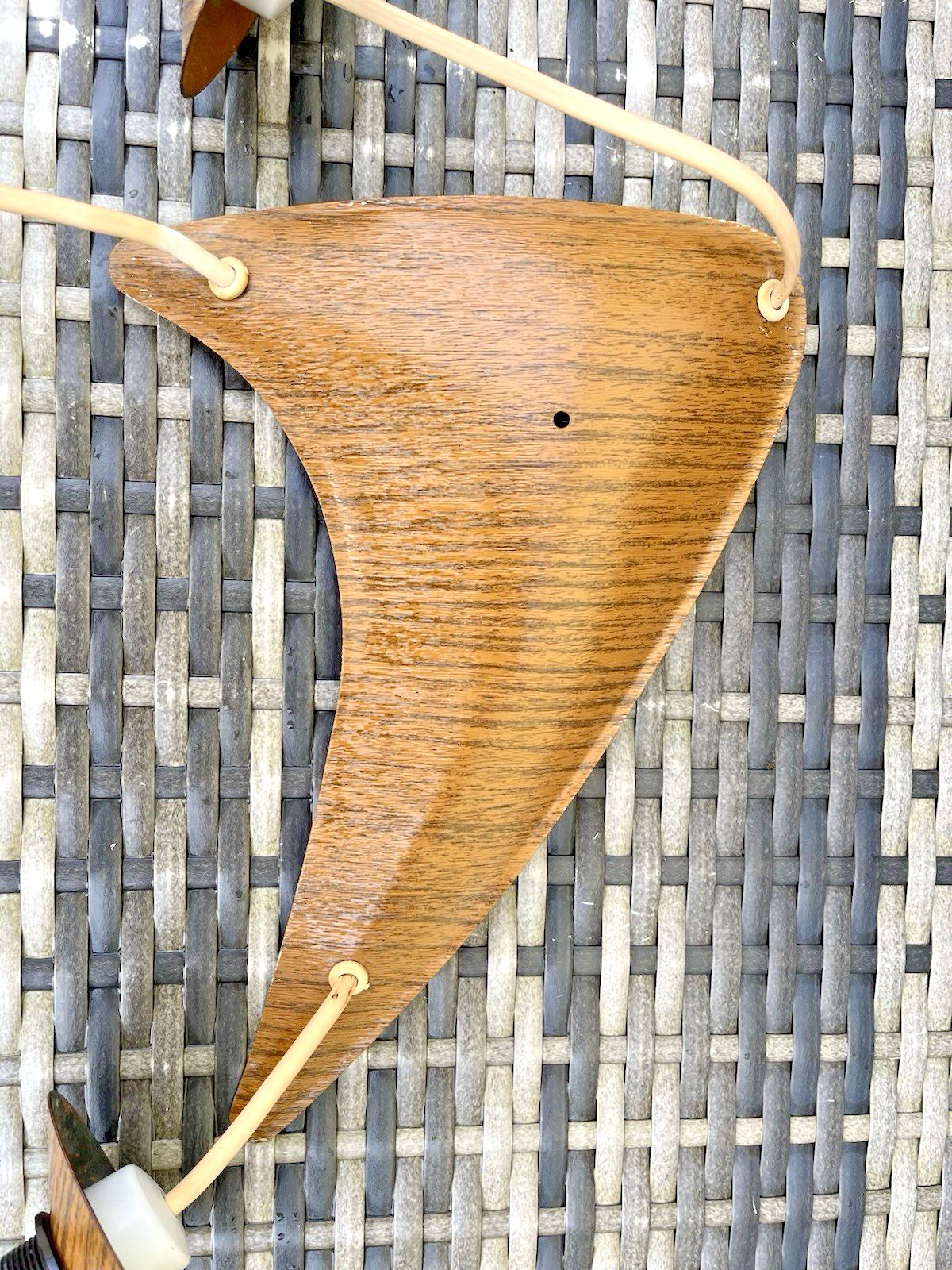 195.0 Mid Century Modern 60's Scandi Danish Faux Teak Wood Boomerang 3 Ceiling Light photo