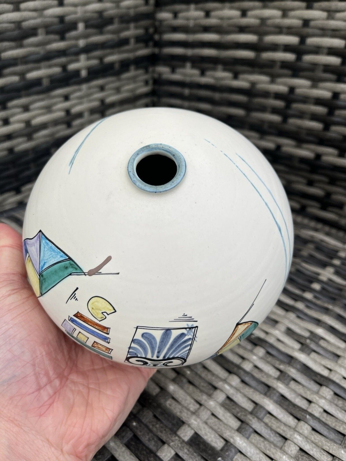 photo for sale Mid Century Modern Abstract Pottery Squat Vase Signed Ek Italian 50's 60's 70's