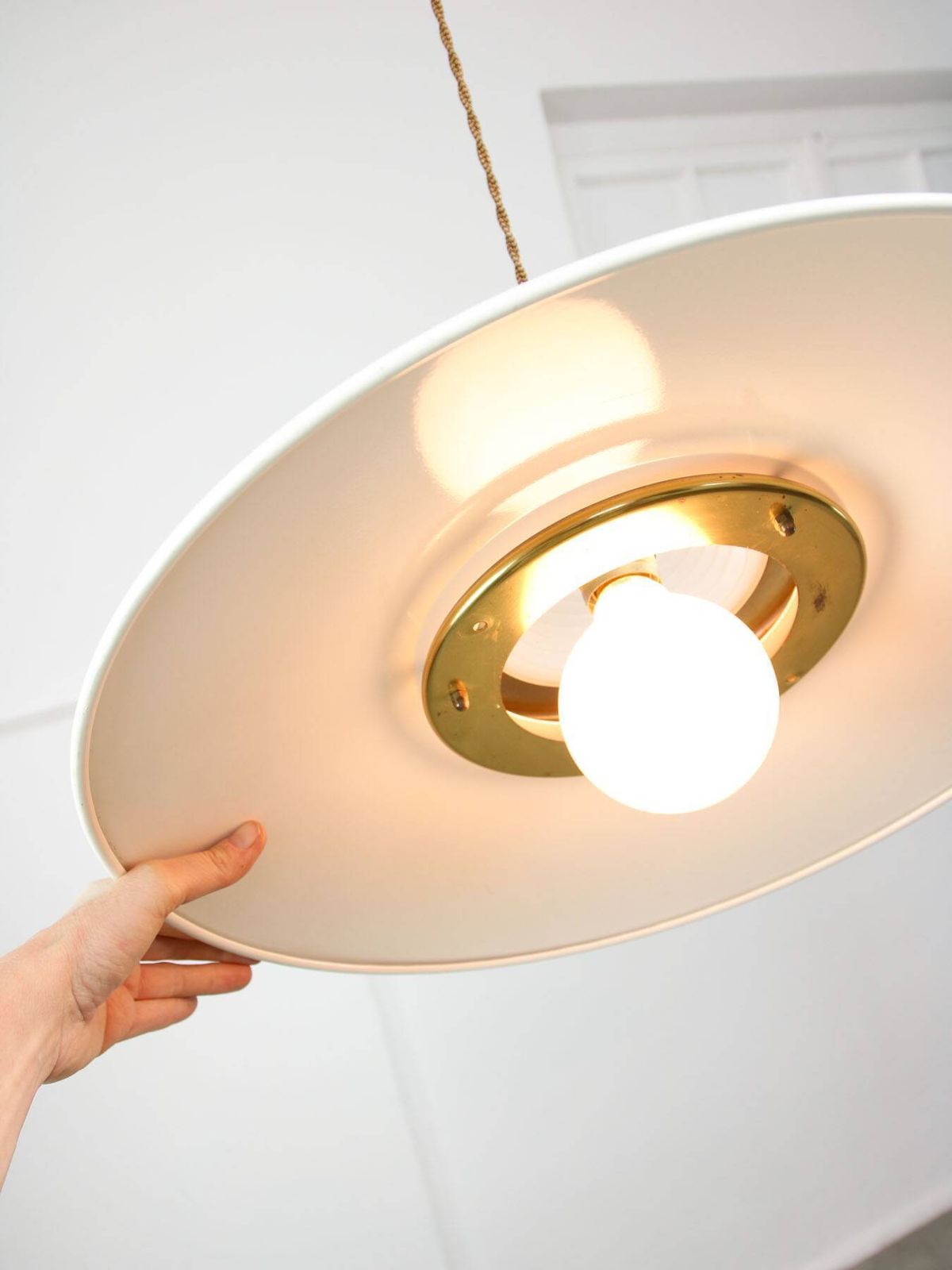 Vintage Italian Brass And Metal Saucer Pendant Lamp, 1970s photo for sale