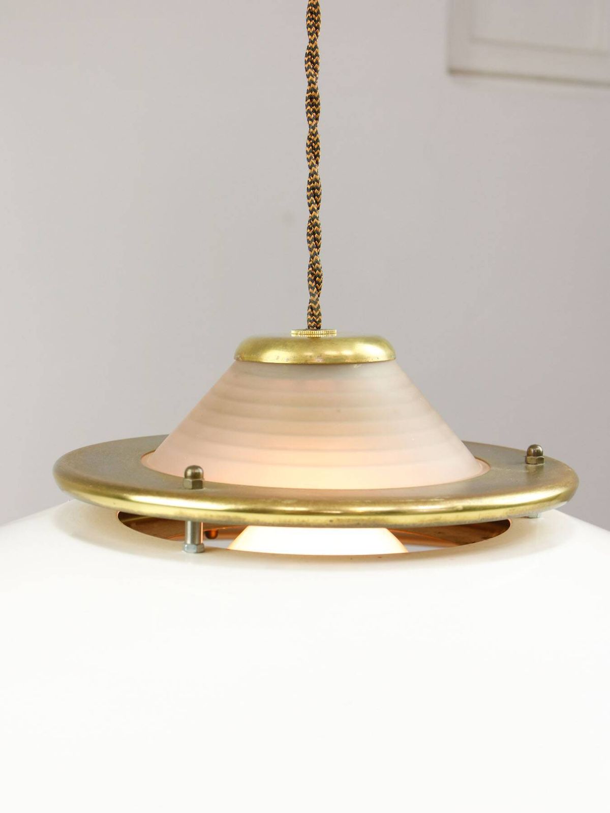 Vintage Italian Brass And Metal Saucer Pendant Lamp, 1970s photo 540.0