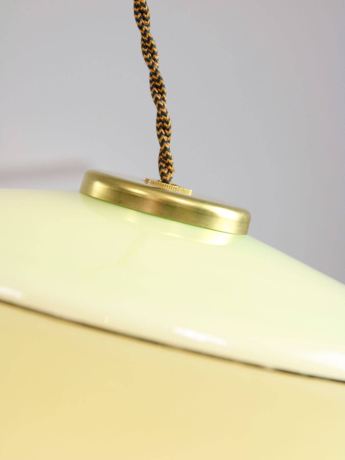 385.0 Mid Century Italian Brass And Green Glass Pendant Lamp photo
