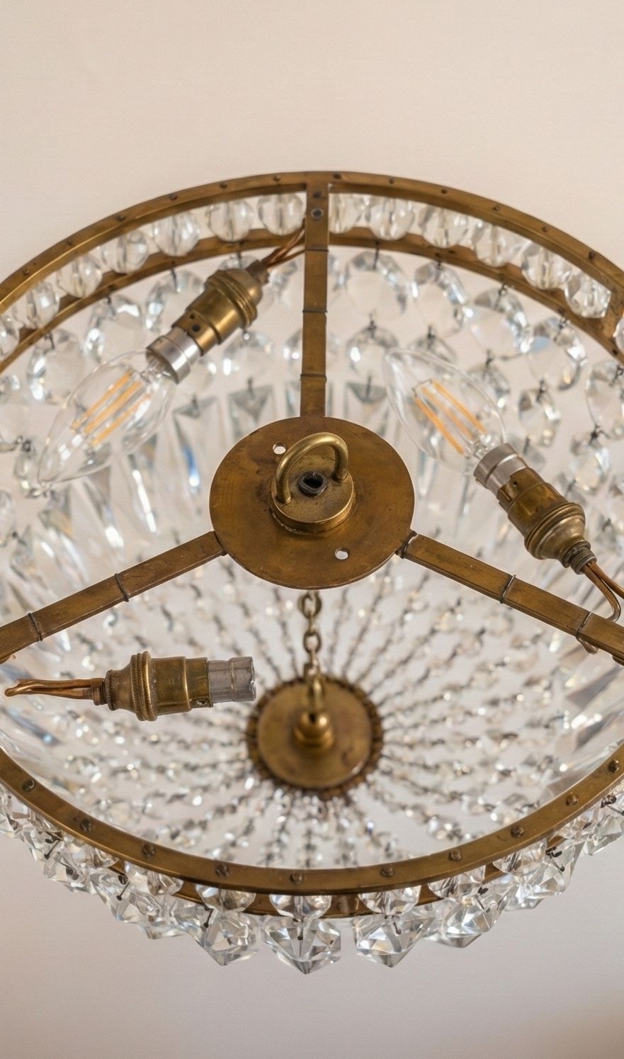 Vintage Brass & Crystal/Glass "Empire" Bag Chandelier – 3 Light With Coffin Drops photo for sale