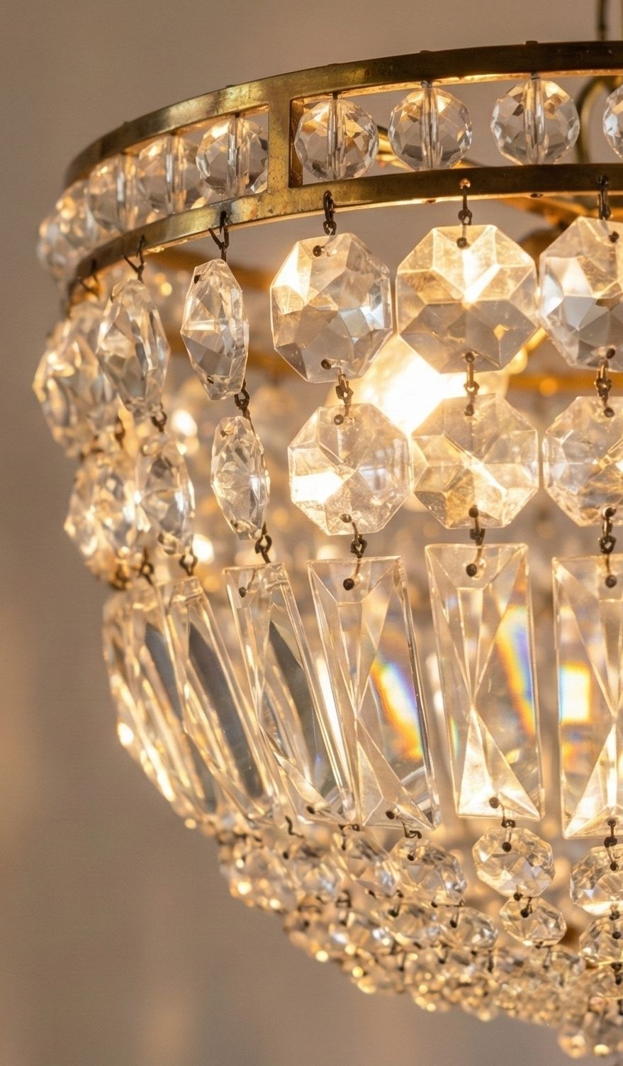 Vintage Brass & Crystal/Glass "Empire" Bag Chandelier – 3 Light With Coffin Drops photo Lighting