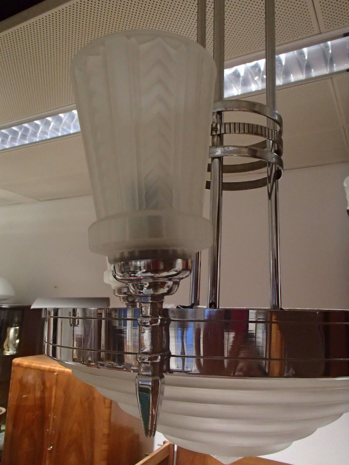 1930 Chandelier By G. Leleu Chromed Brass Stained Glass photo for sale