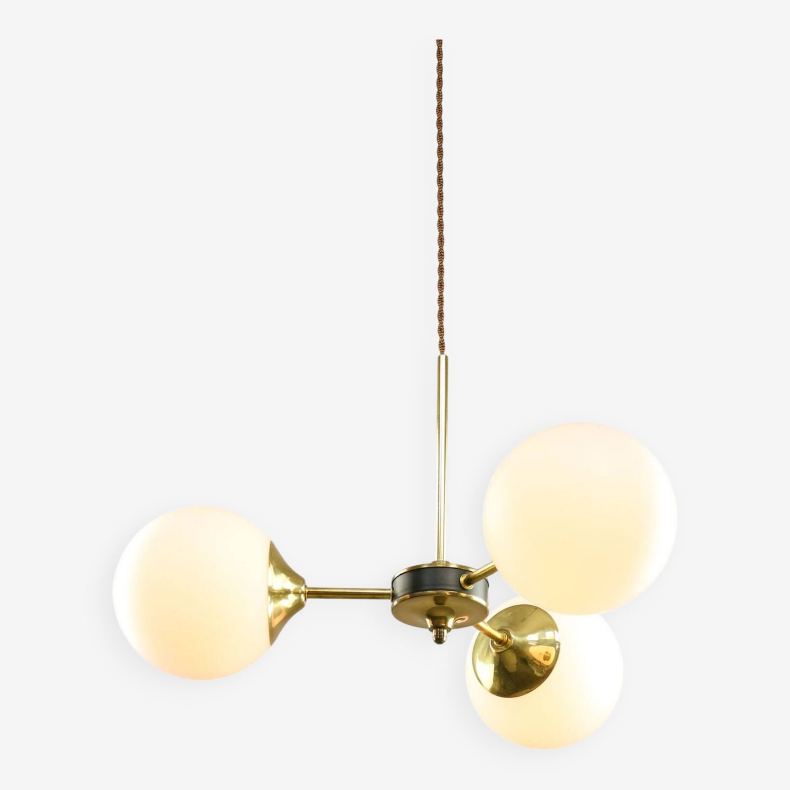 Mid Century Modern Italian Chandelier In Brass And Opaline Glass, 1960s.
