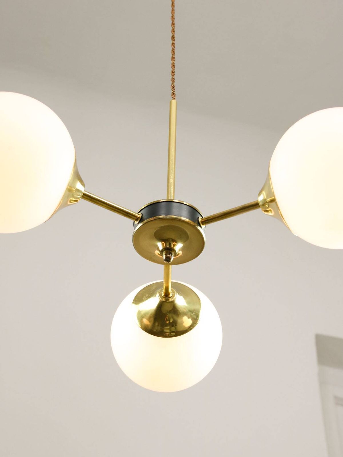 Mid Century Modern Italian Chandelier In Brass And Opaline Glass, 1960s. photo for sale