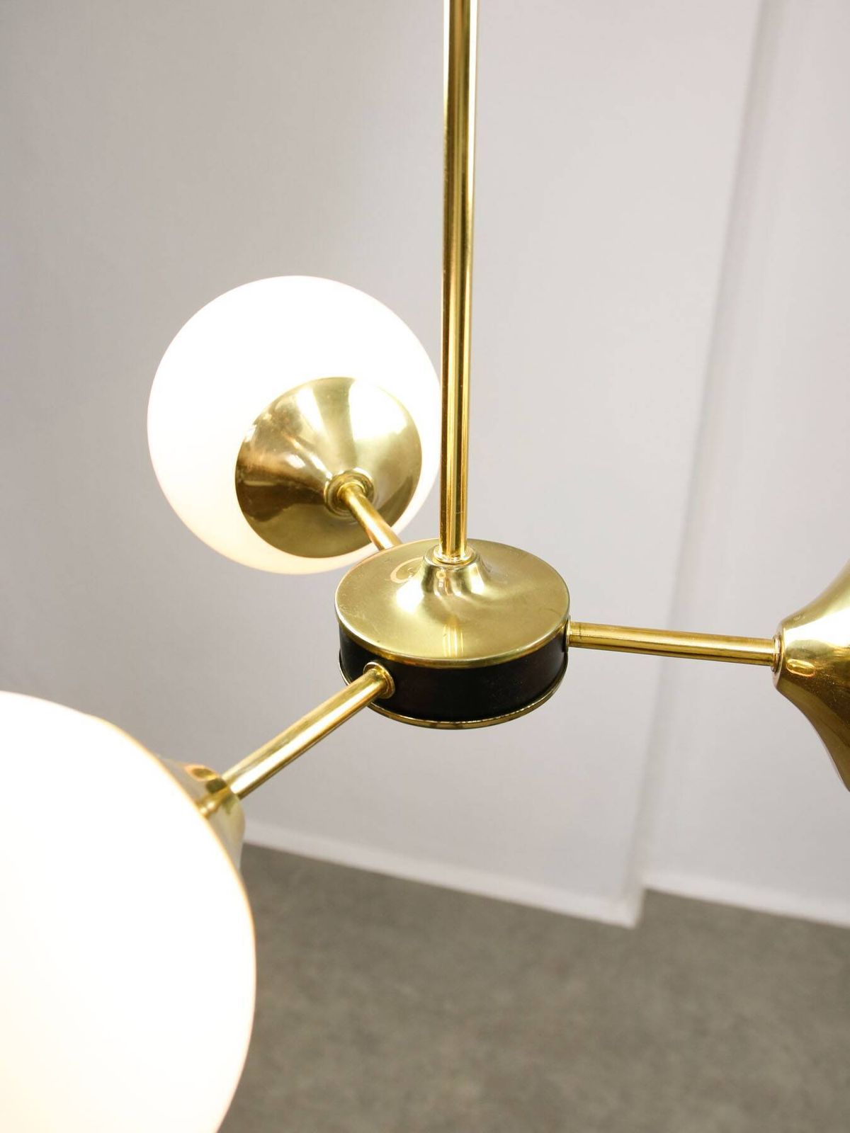 Mid Century Modern Italian Chandelier In Brass And Opaline Glass, 1960s. photo Lighting