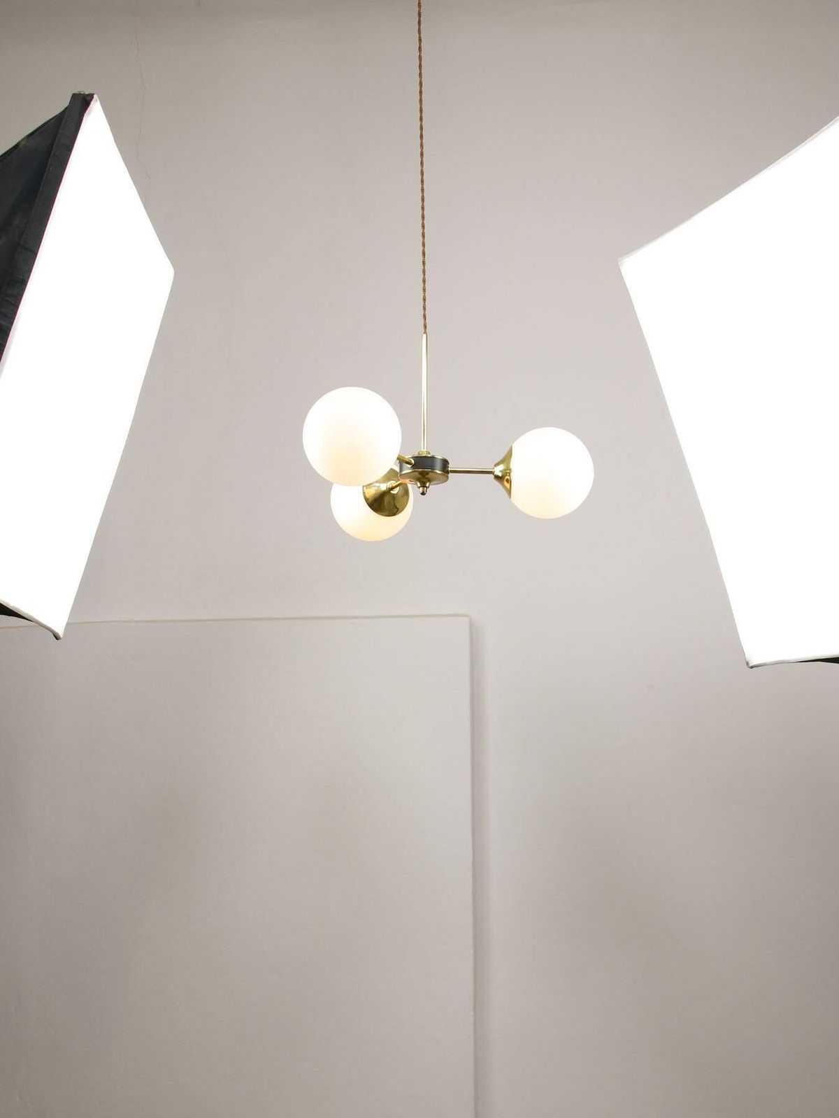 Mid Century Modern Italian Chandelier In Brass And Opaline Glass, 1960s. photo buy
