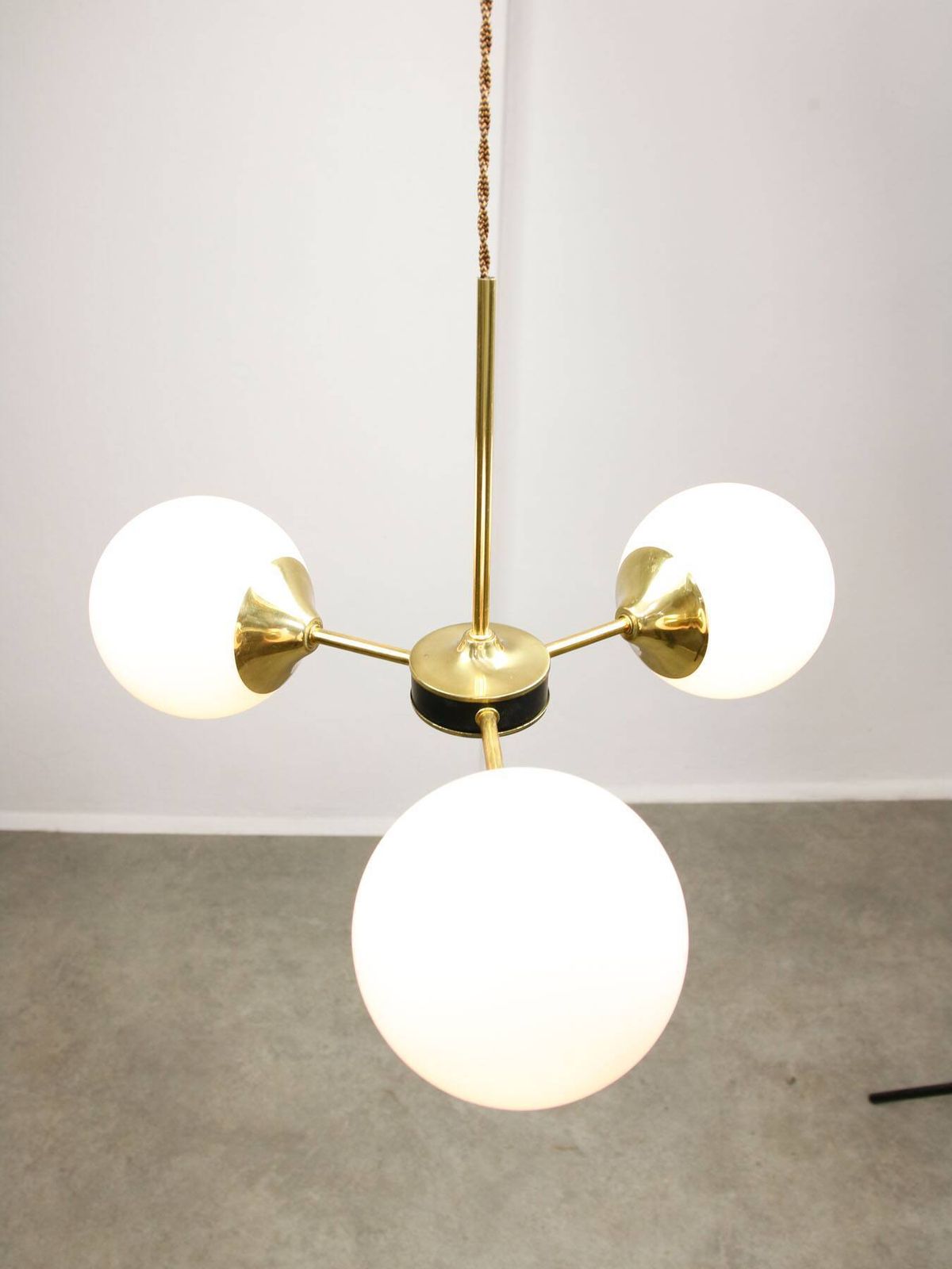 photo furniture Mid Century Modern Italian Chandelier In Brass And Opaline Glass, 1960s.