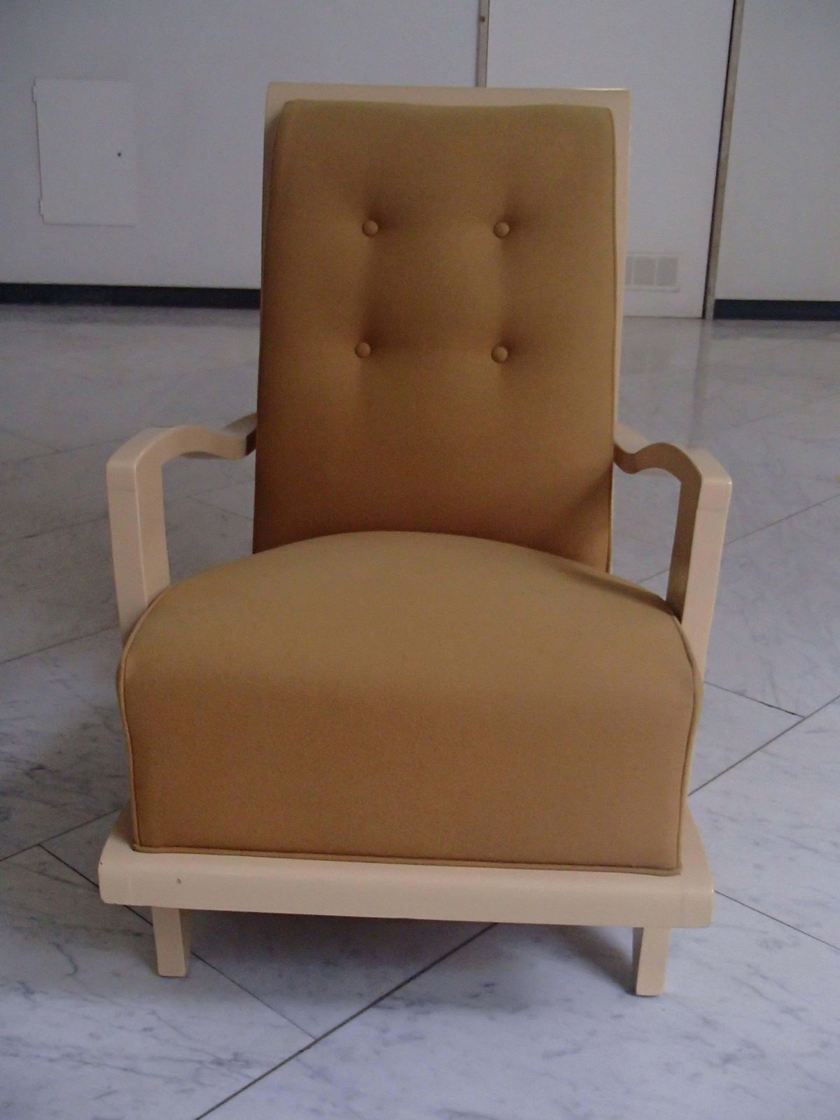 1940s Streamline Lounge Chair Ivory Wood Mustard Wool Tissue photo Furniture