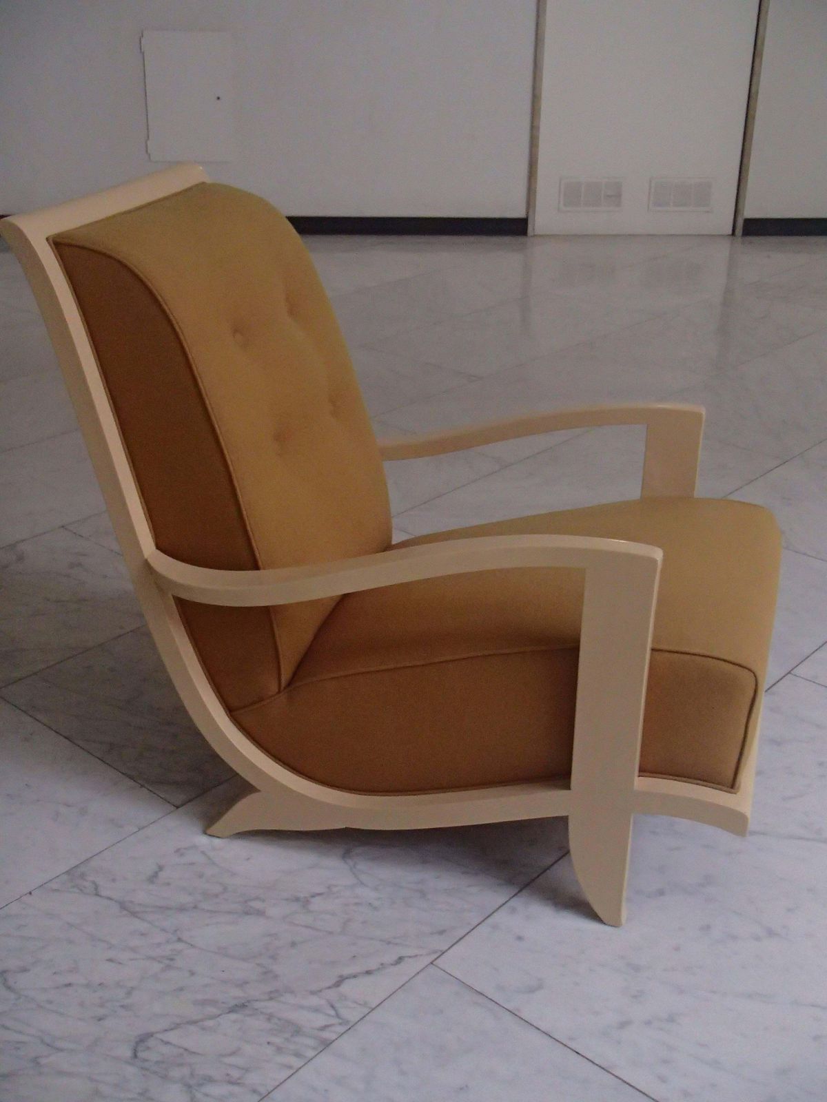 photo furniture 1940s Streamline Lounge Chair Ivory Wood Mustard Wool Tissue