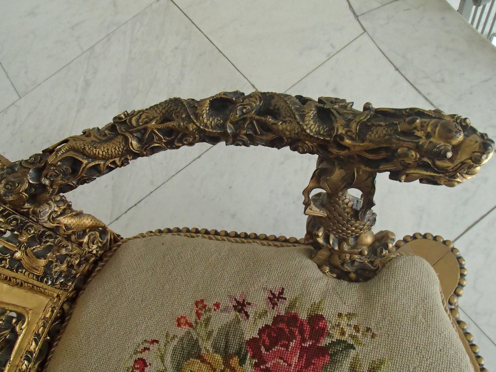 photo for sale 1930 Chinese Armchair Sculpted And Gold Plated With Goblin