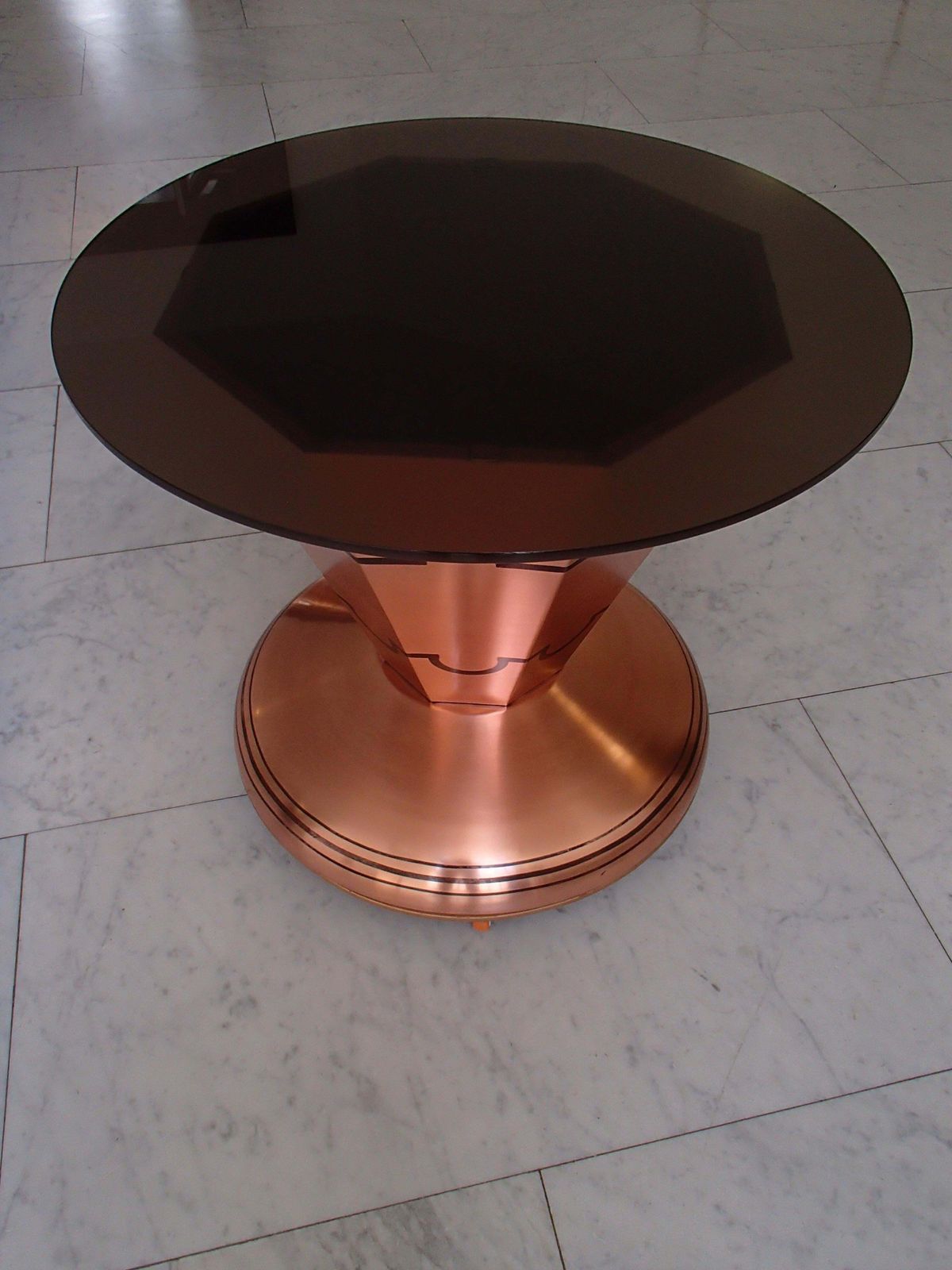 Art Deco Copper Bar Table On Wheels With Turnable Tray Inside And Glass Top photo furniture
