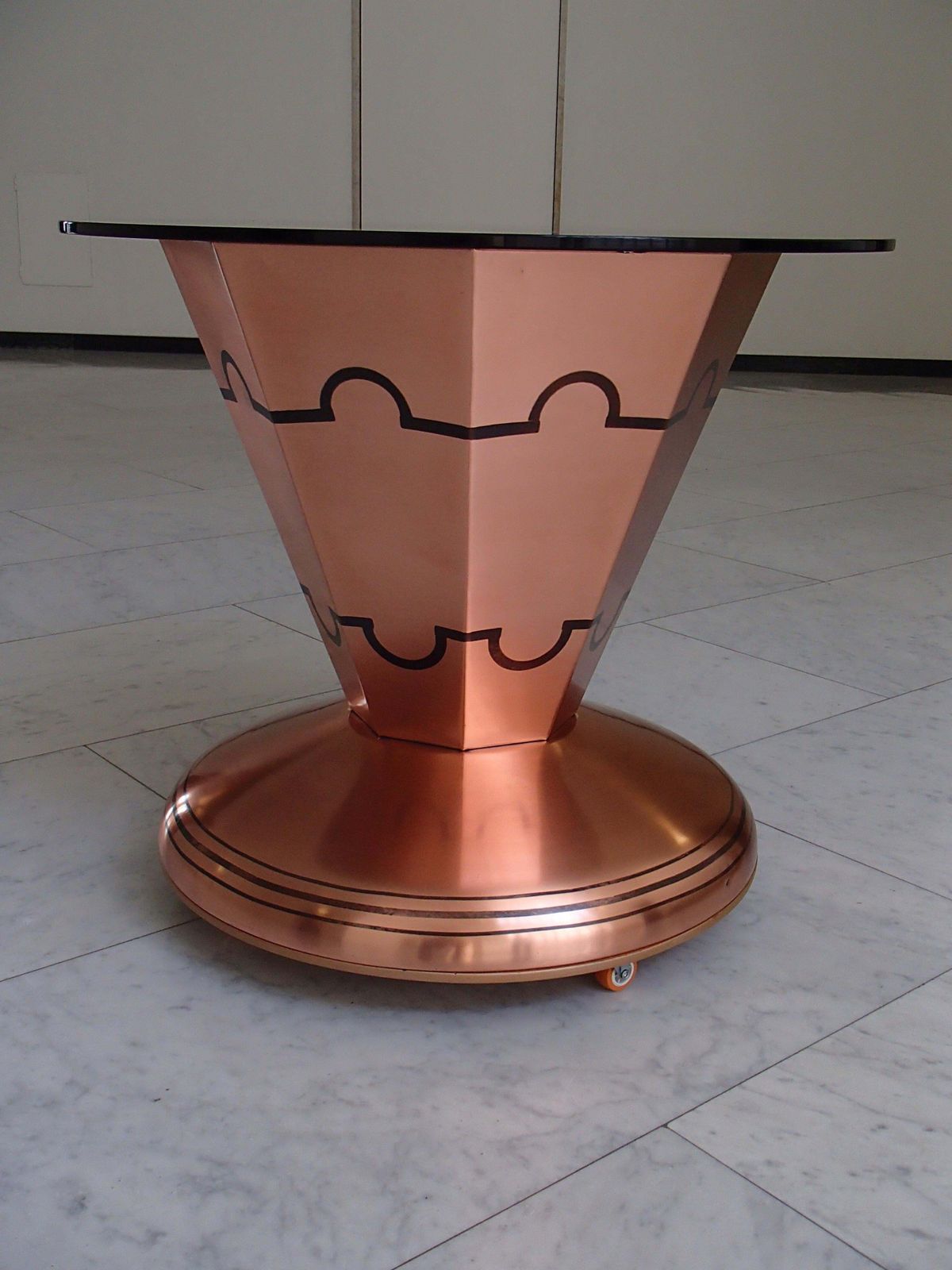 Art Deco Copper Bar Table On Wheels With Turnable Tray Inside And Glass Top photo for sale