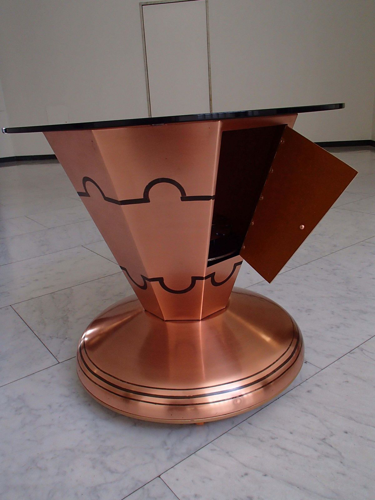 Art Deco Copper Bar Table On Wheels With Turnable Tray Inside And Glass Top photo buy